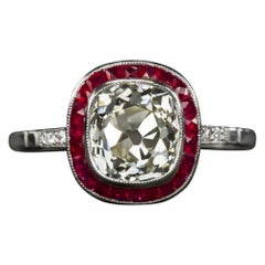 1.69 Carat Old Mine Cut Diamond Engagement Ring Ruby Platinum