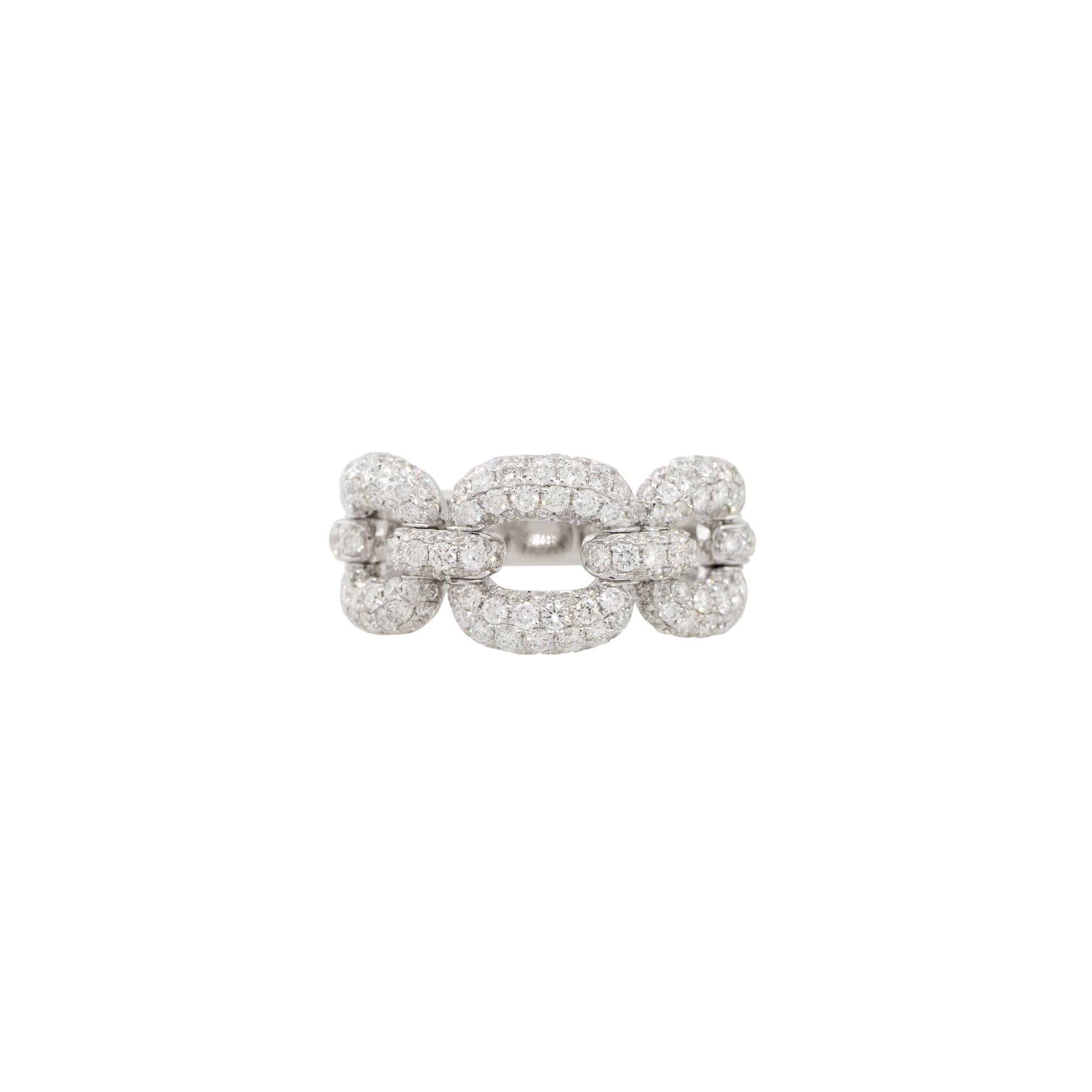18k White Gold 1.69ctw Pave Diamond Oval Link Collapsible Ring
Style: Women's Diamond Oval Link Ring
Material: 18k White Gold
Main Diamond Details: Approximately 1.69ctw of Pave set, Round Brilliant Diamonds. There are 196 stones total. Diamonds are