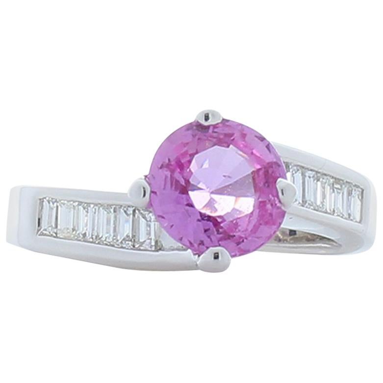 1.69 Carat Pink Sapphire and Baguette Diamond White Gold Cocktail Ring