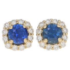1.69 Carat Round Cut Sapphire and Diamond Earrings, 14kt Gold Pierced Halo Studs