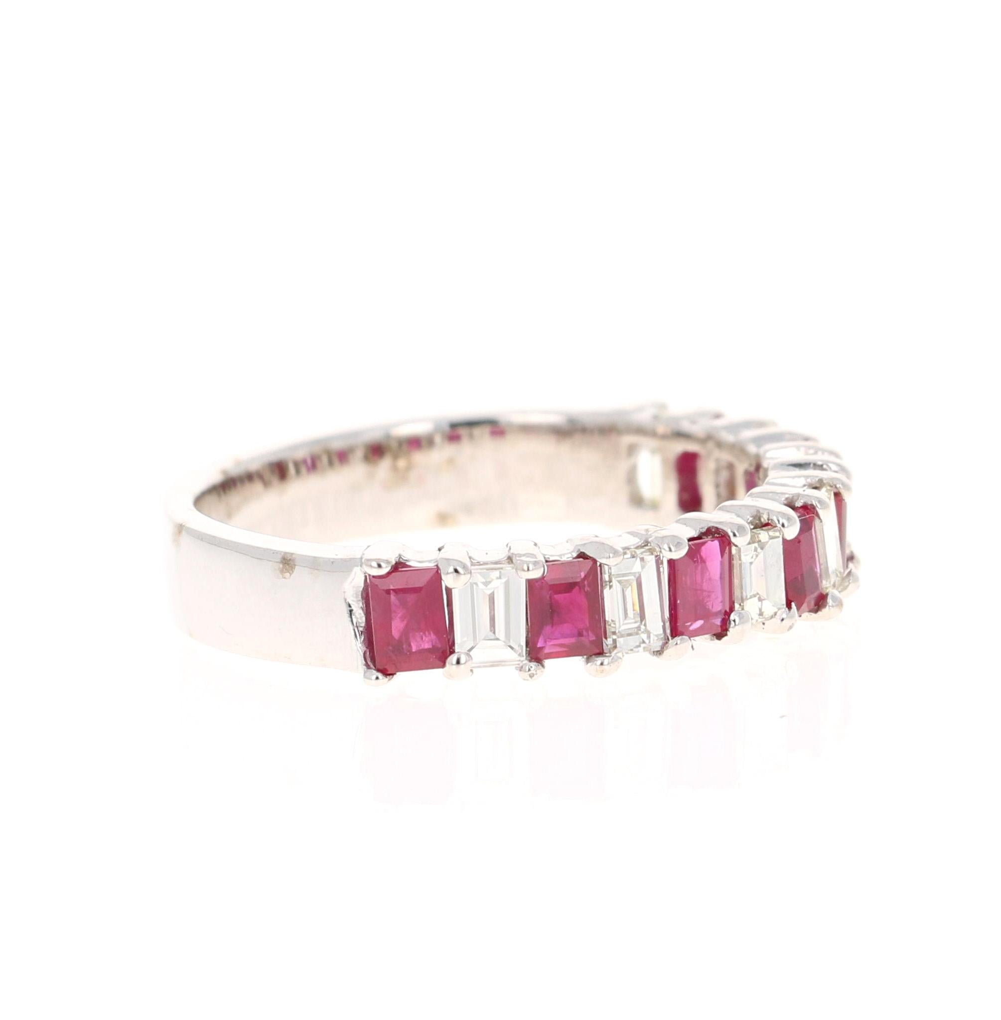 A gorgeous Ruby and Diamond Band! A daily and dazzling stunner! 

This ring has 7 Baguette Cut Diamonds that weigh 0.69 Carats and 7 Rubies that weigh 1.00 Carat with a clarity and color of VS-H. 

The ring is casted in 18K White Gold and weighs
