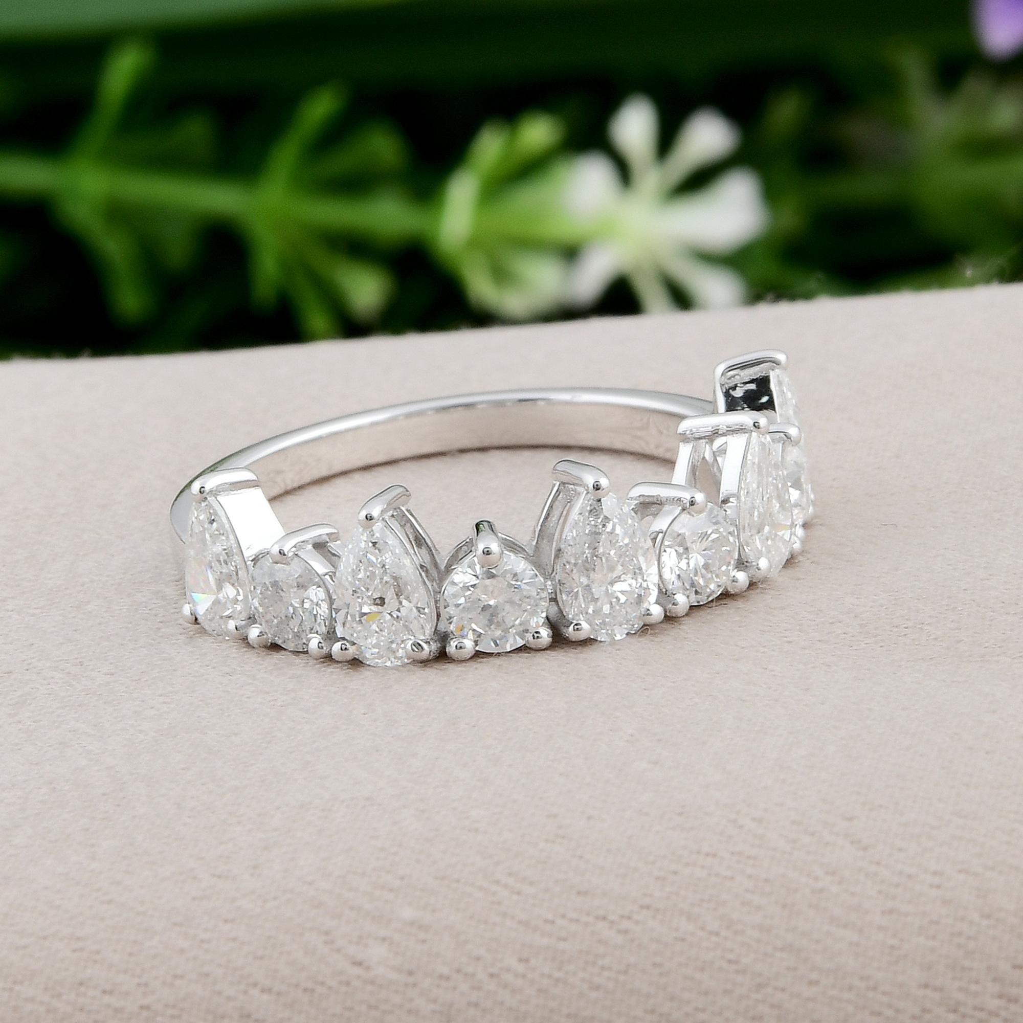 Modern 1.69 Carat SI Clarity HI Color Pear Round Diamond Half Band Ring 18k White Gold For Sale