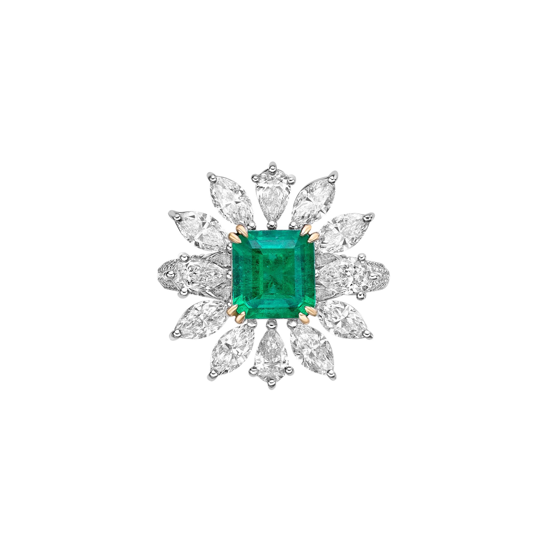 Contemporary 1.69 Carat Sunflower Emerald Bridal Ring in 18KWYG with White Diamond. For Sale