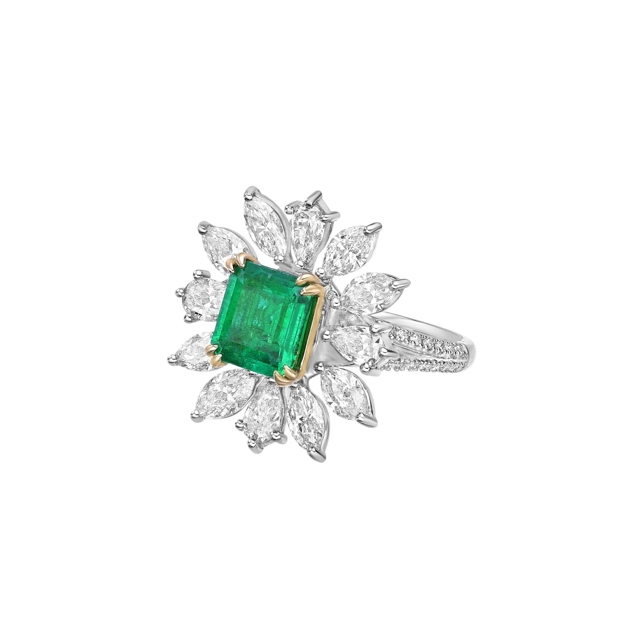 Octagon Cut 1.69 Carat Sunflower Emerald Bridal Ring in 18KWYG with White Diamond. For Sale