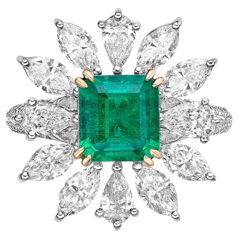 1.69 Carat Sunflower Emerald Bridal Ring in 18KWYG with White Diamond. For Sale
