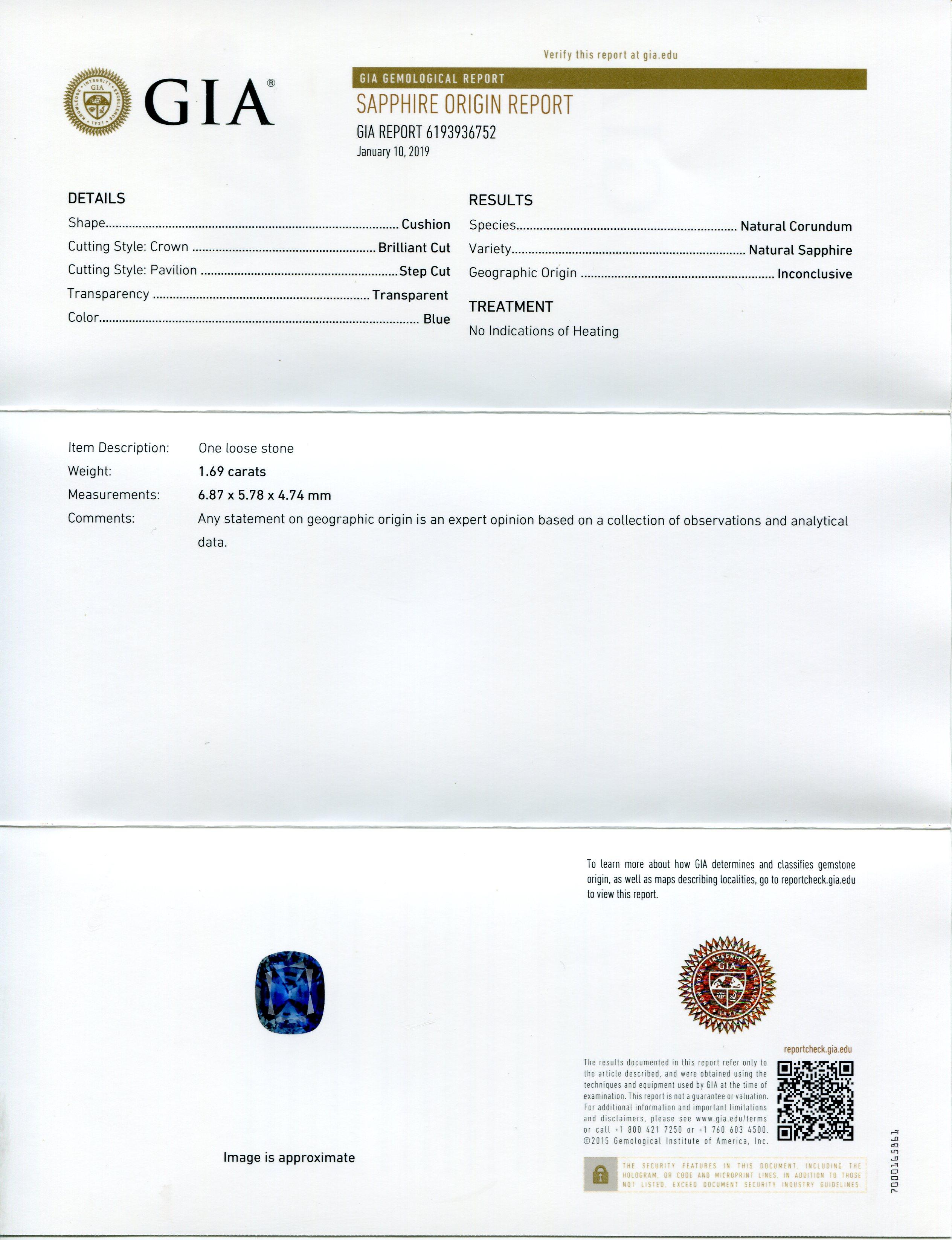 1.69 Ct Bright Blue Sapphire Cushion GIA Certified Unheated In New Condition For Sale In Toronto, Ontario