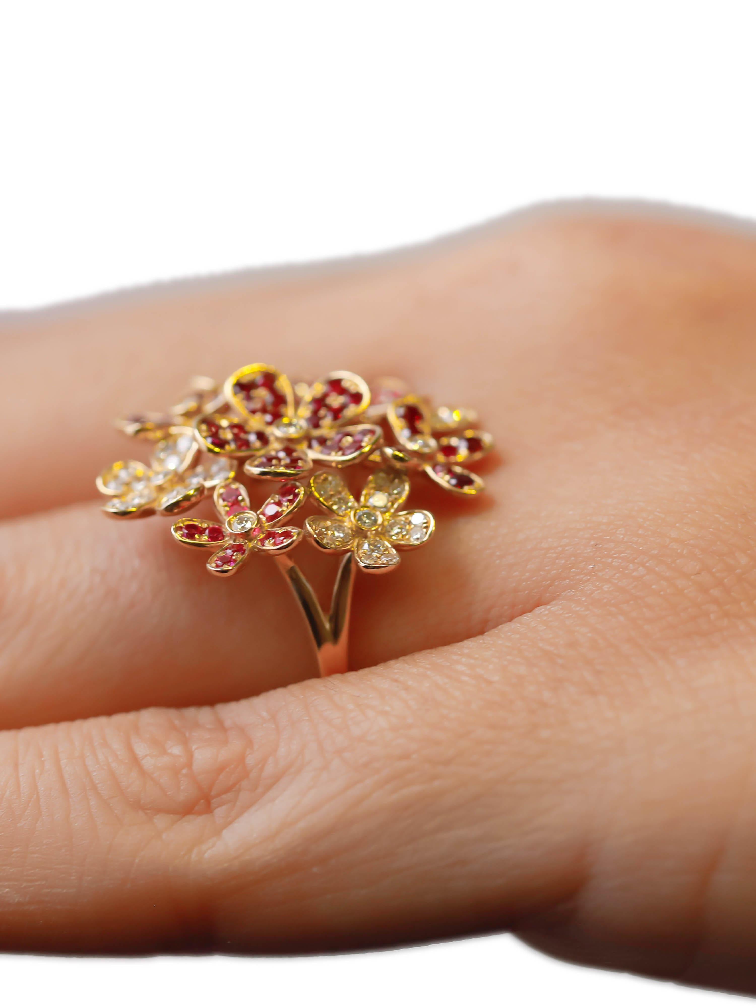 1,69 Karat Diamant Rubin Rosa Saphir Pave Blume 14K Gelbgold Wickelring Damen im Angebot