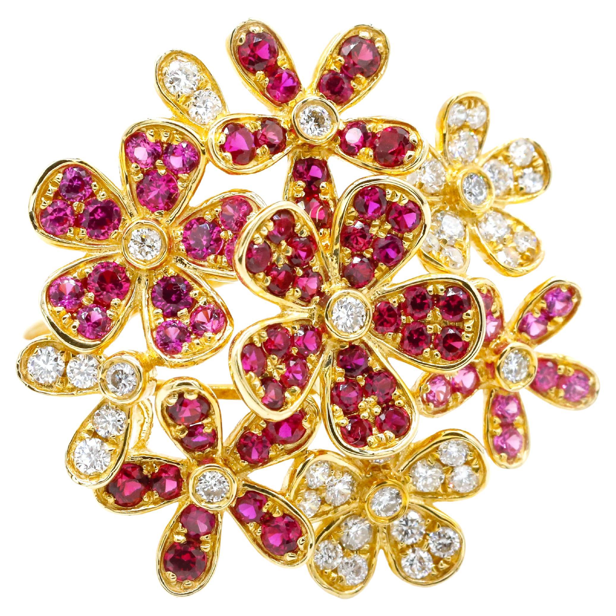 1.69 Ct Diamond Ruby Pink Sapphire Pave Flower 14K Yellow Gold Wrap Ring For Sale