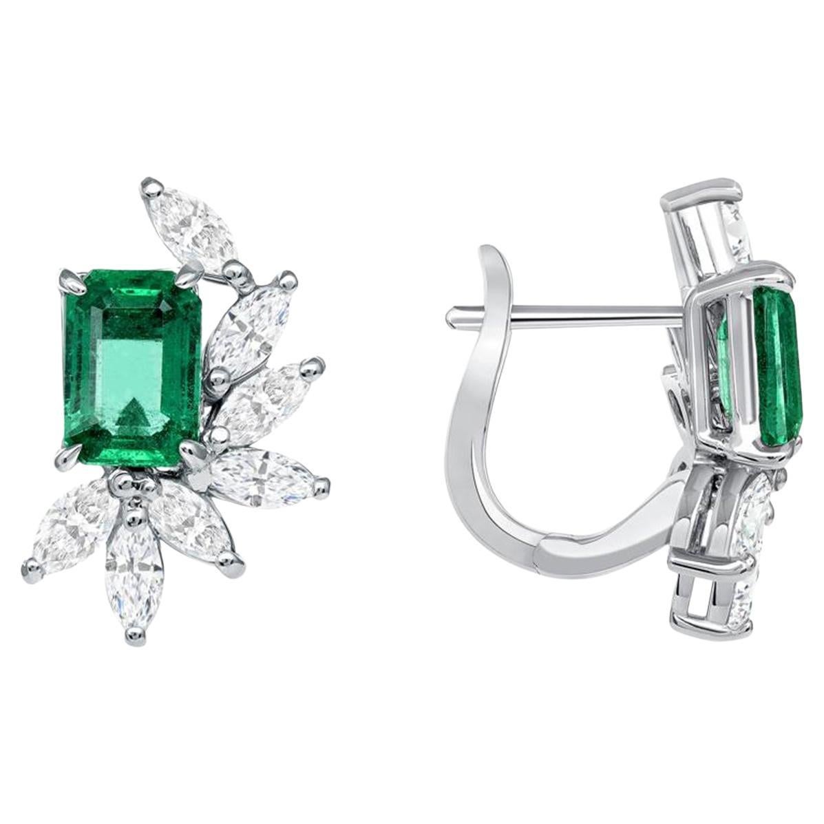1.69 CT Natural Colombian Emerald 1.00 CT Diamonds 14K White Gold Earrings For Sale