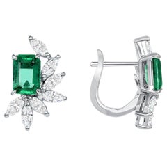 1.69 CT Natural Colombian Emerald 1.00 CT Diamonds 14K White Gold Earrings