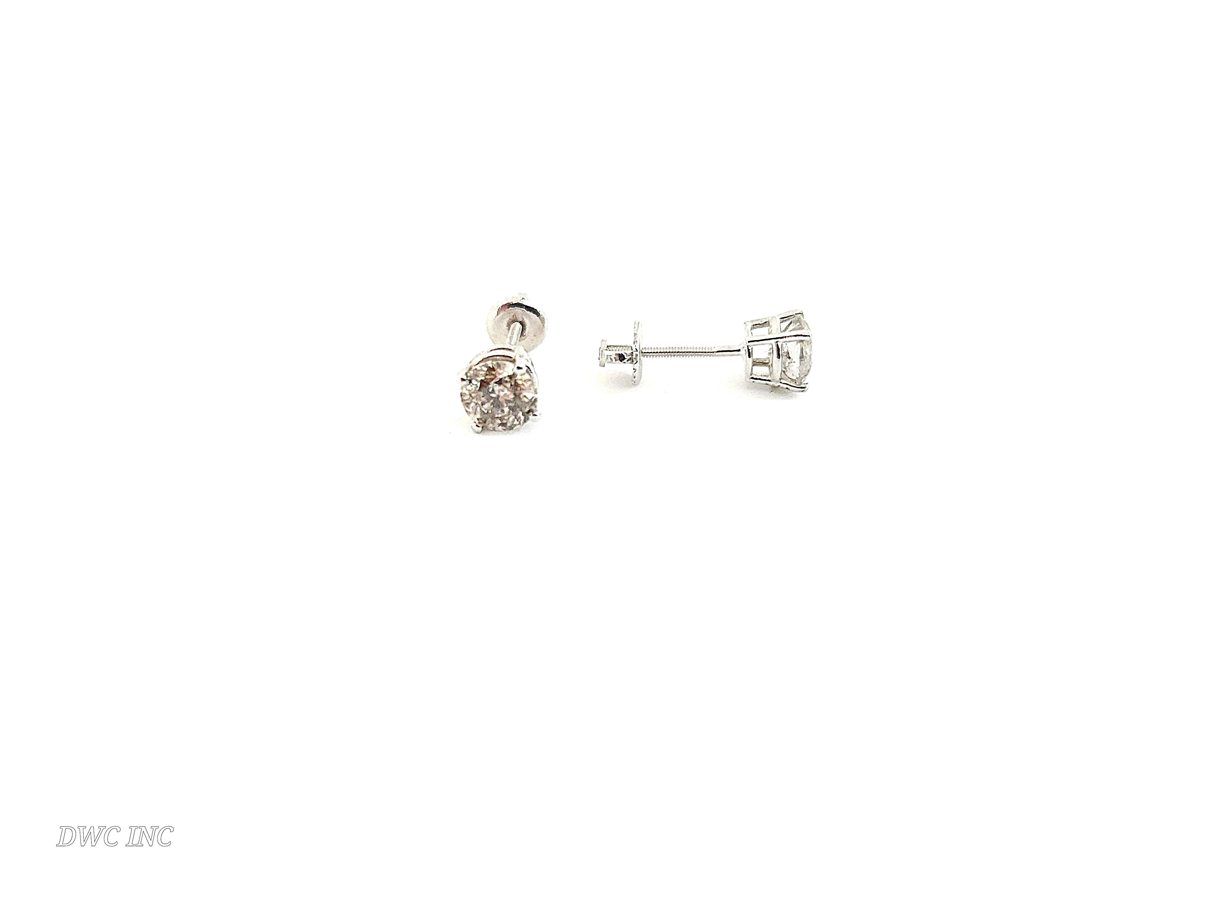 1.69 Ctw Natural Diamond Round Sqrue back Studs White Gold For Sale 1
