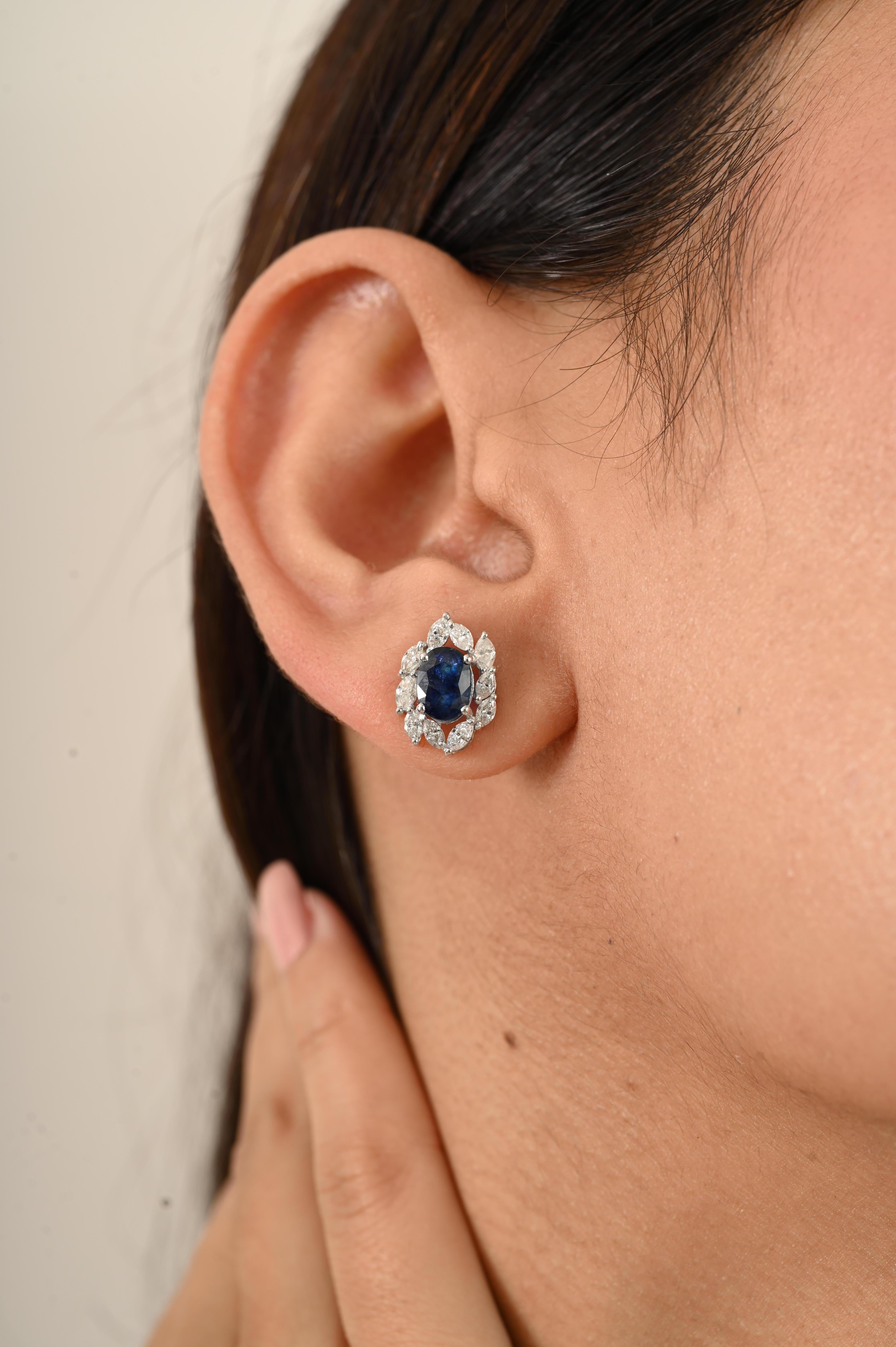 Oval Cut 1.69 CTW Oval Blue Sapphire & Diamond Cluster Stud Earrings in 14K White Gold For Sale