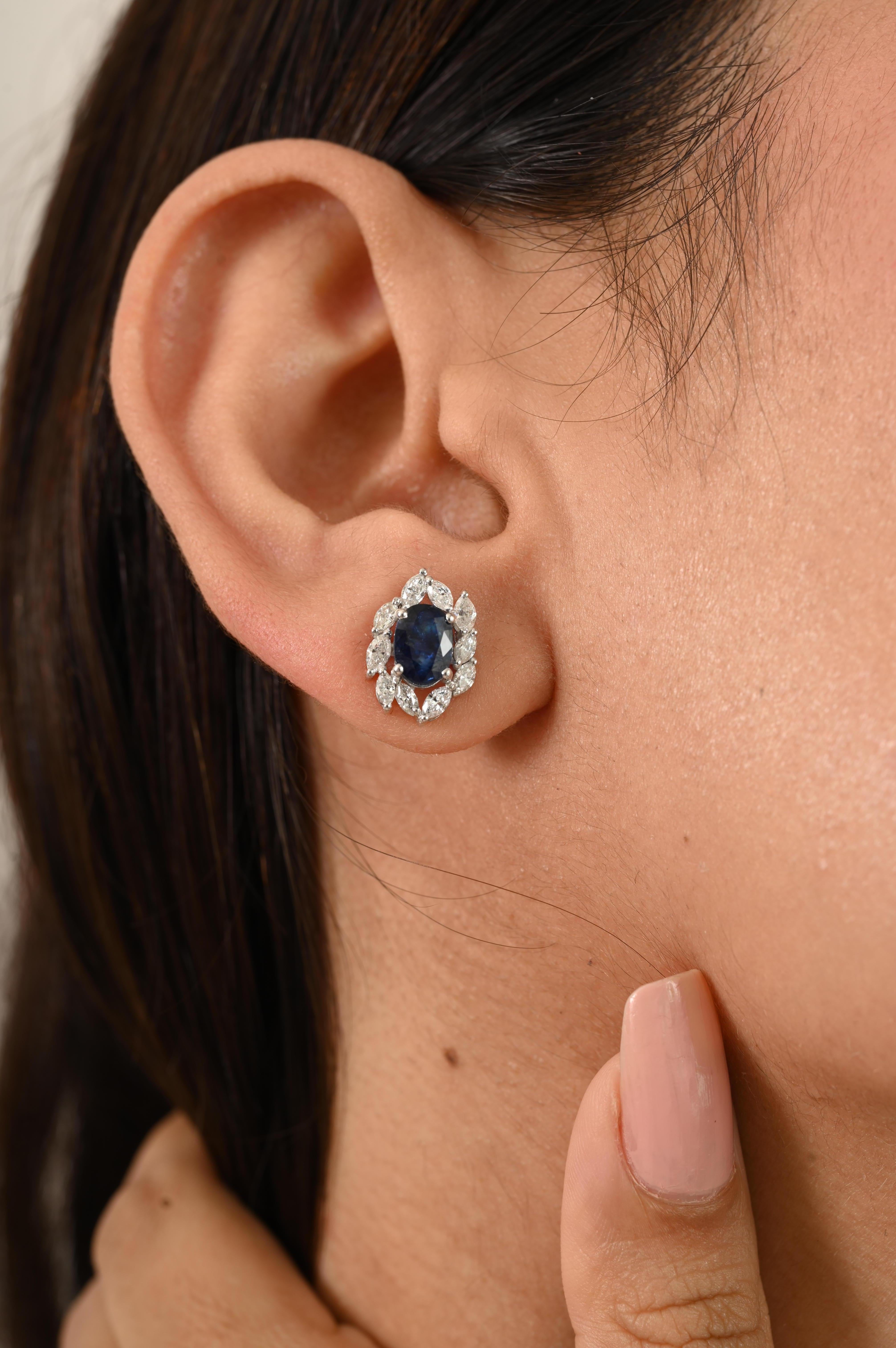 Women's 1.69 CTW Oval Blue Sapphire & Diamond Cluster Stud Earrings in 14K White Gold For Sale