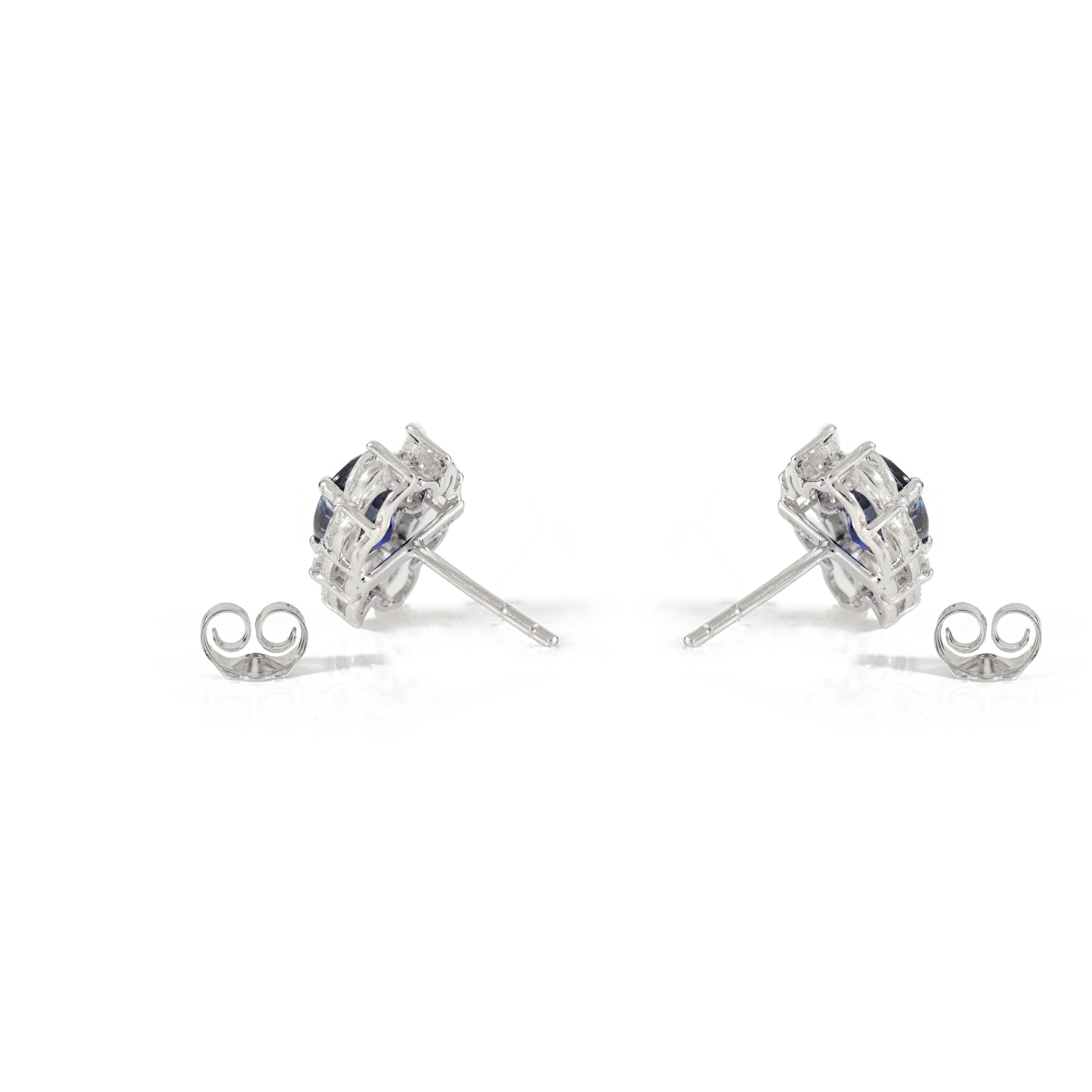 1.69 CTW Oval Blue Sapphire & Diamond Cluster Stud Earrings in 14K White Gold For Sale 1