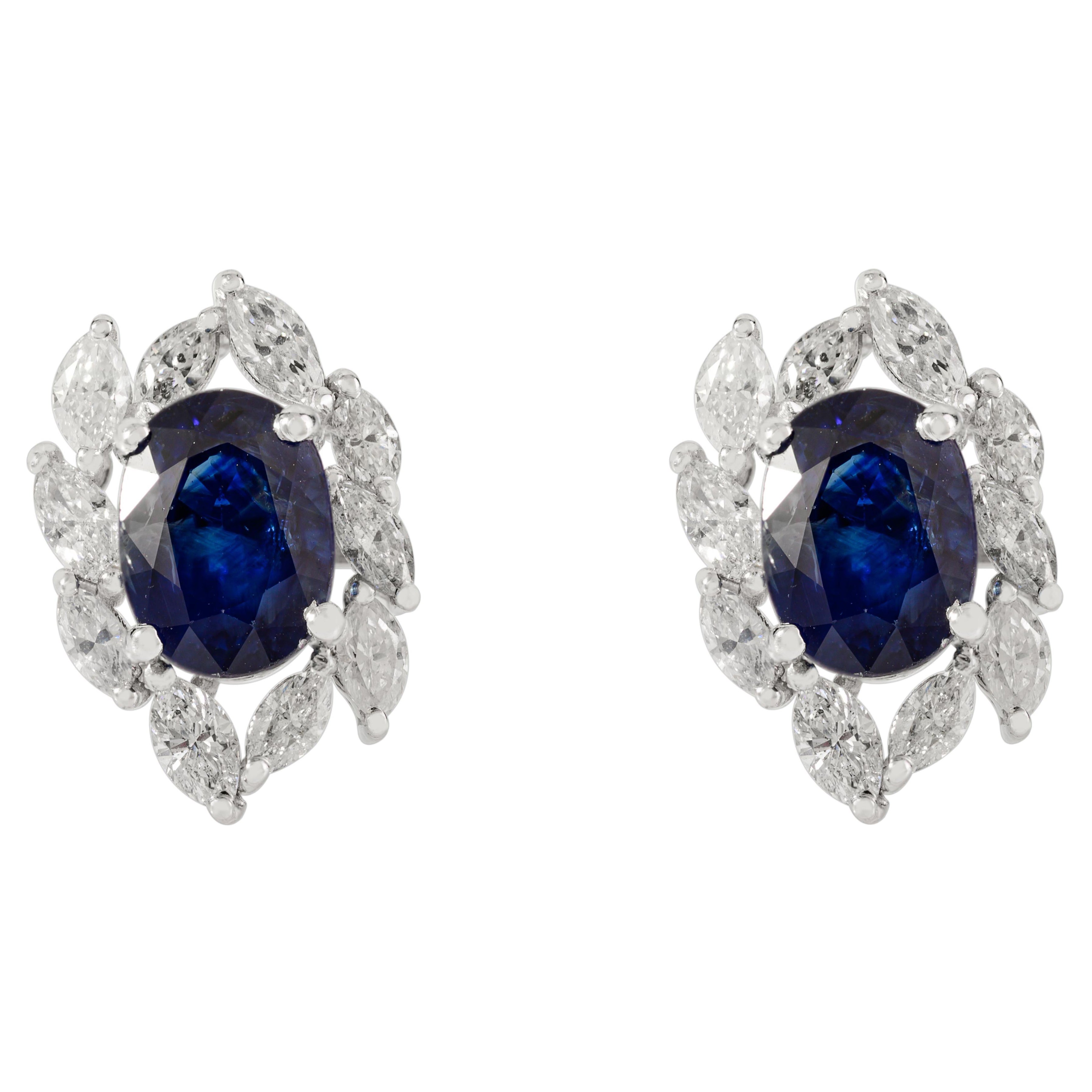 1.69 CTW Oval Blue Sapphire & Diamond Cluster Stud Earrings in 14K White Gold For Sale