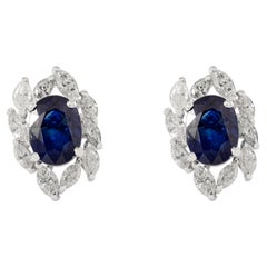 1.69 CTW Oval Blue Sapphire & Diamond Cluster Stud Earrings in 14K White Gold