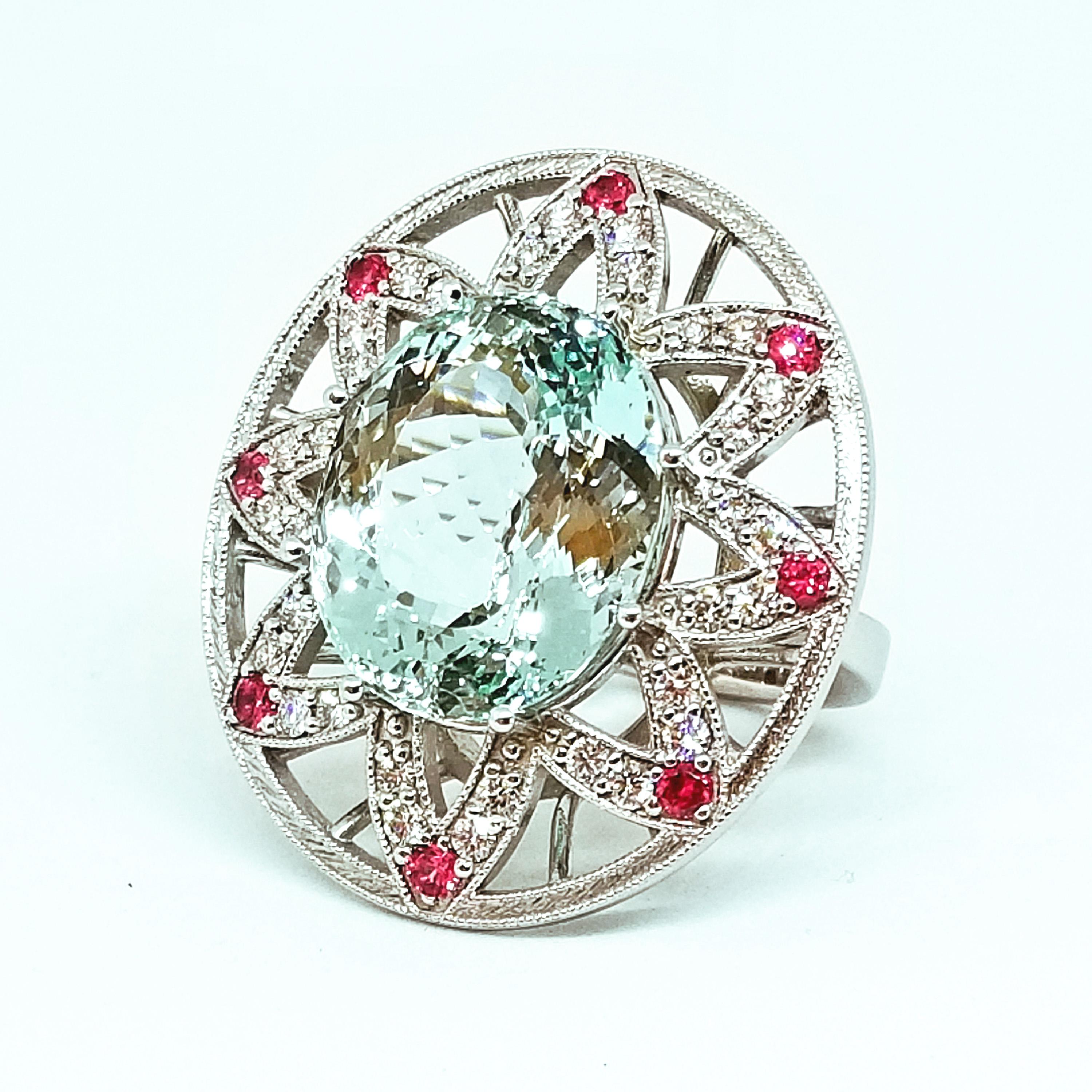 16.90 Carat Brazilian Aquamarine Diamond Intense Red Pink Spinel Cocktail Ring For Sale 3