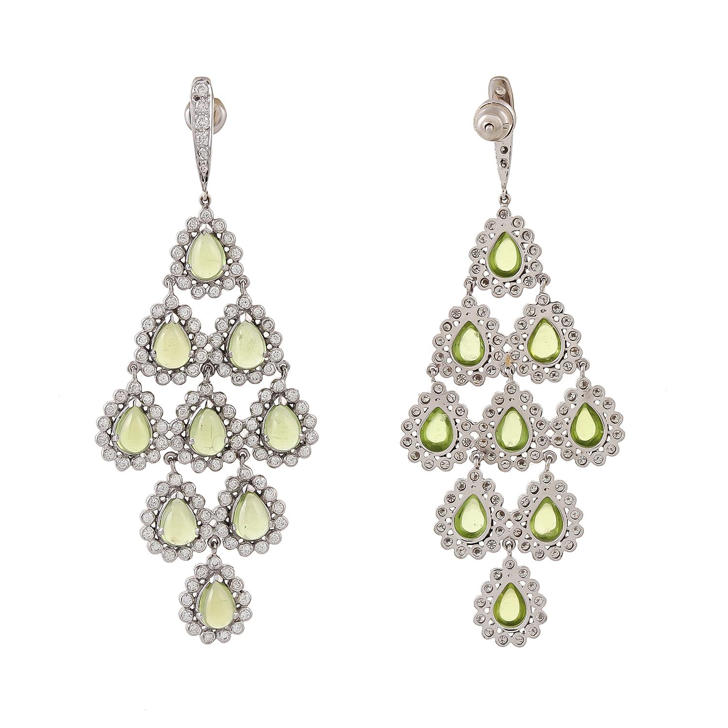 Modern 16.90 Carat Pear Shape Peridot Cabochons Diamond Chandeliers 18 Karat Earrings For Sale