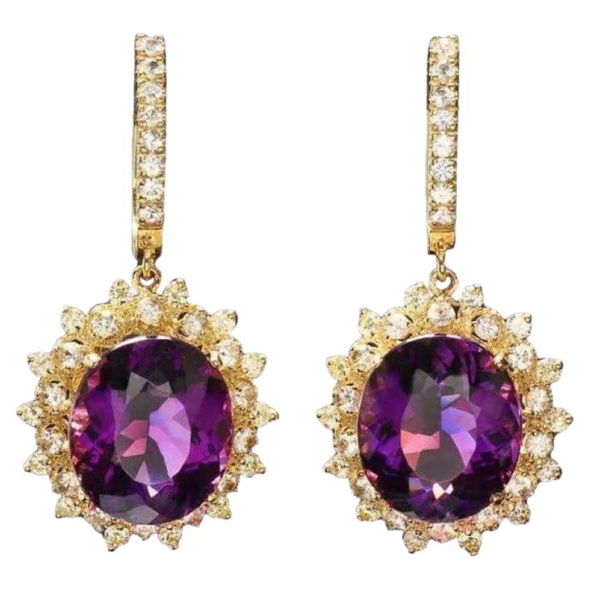16.90ct Natural Amethyst and Diamond 14K Solid Yellow Gold Earrings