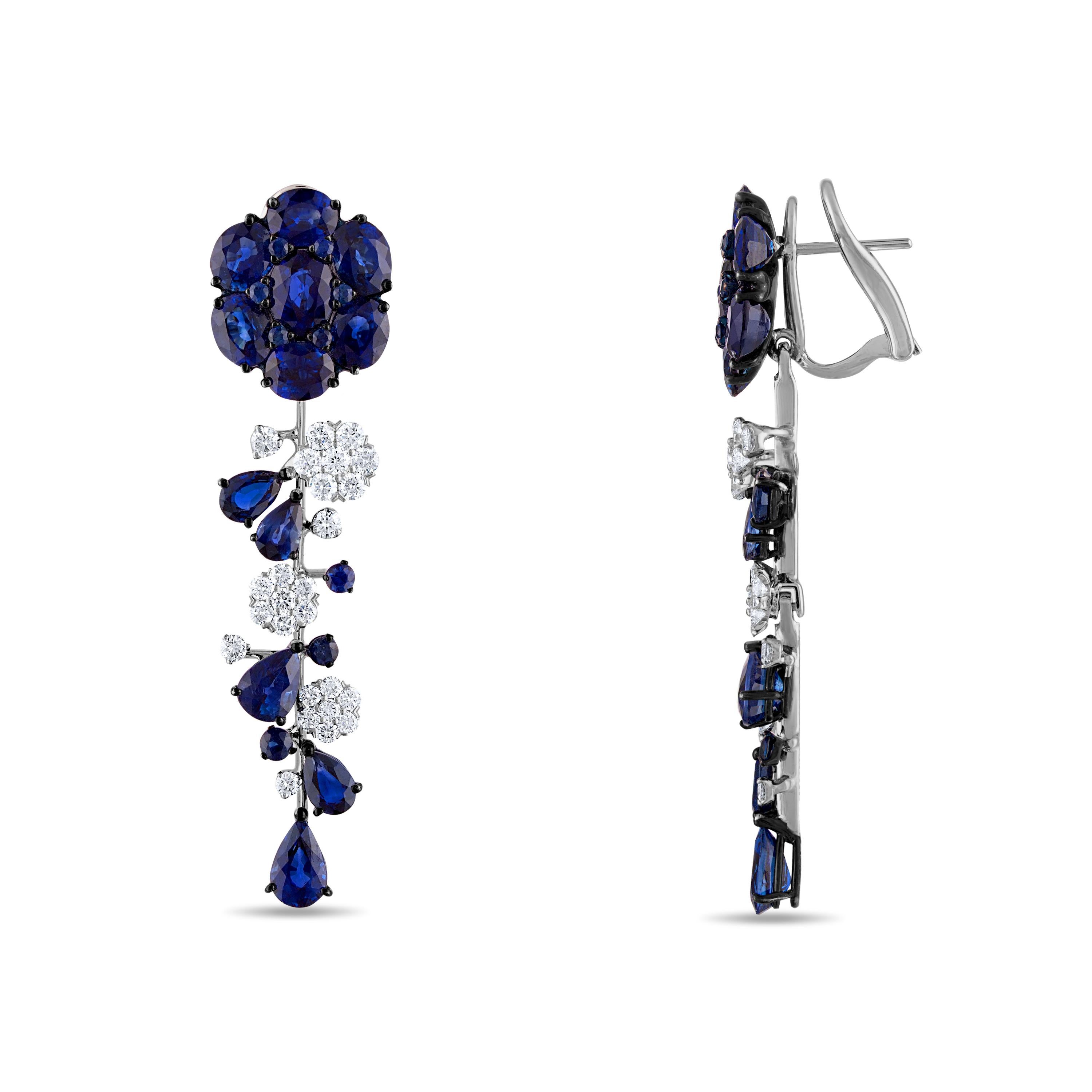 Modern 16.93 Carat Natural Royal Blue Sapphire and White Diamond Cascade Gold Earrings