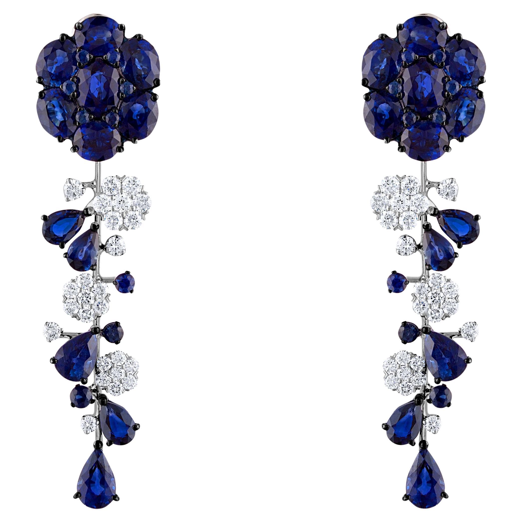 16.93 Carat Natural Royal Blue Sapphire and White Diamond Cascade Gold Earrings
