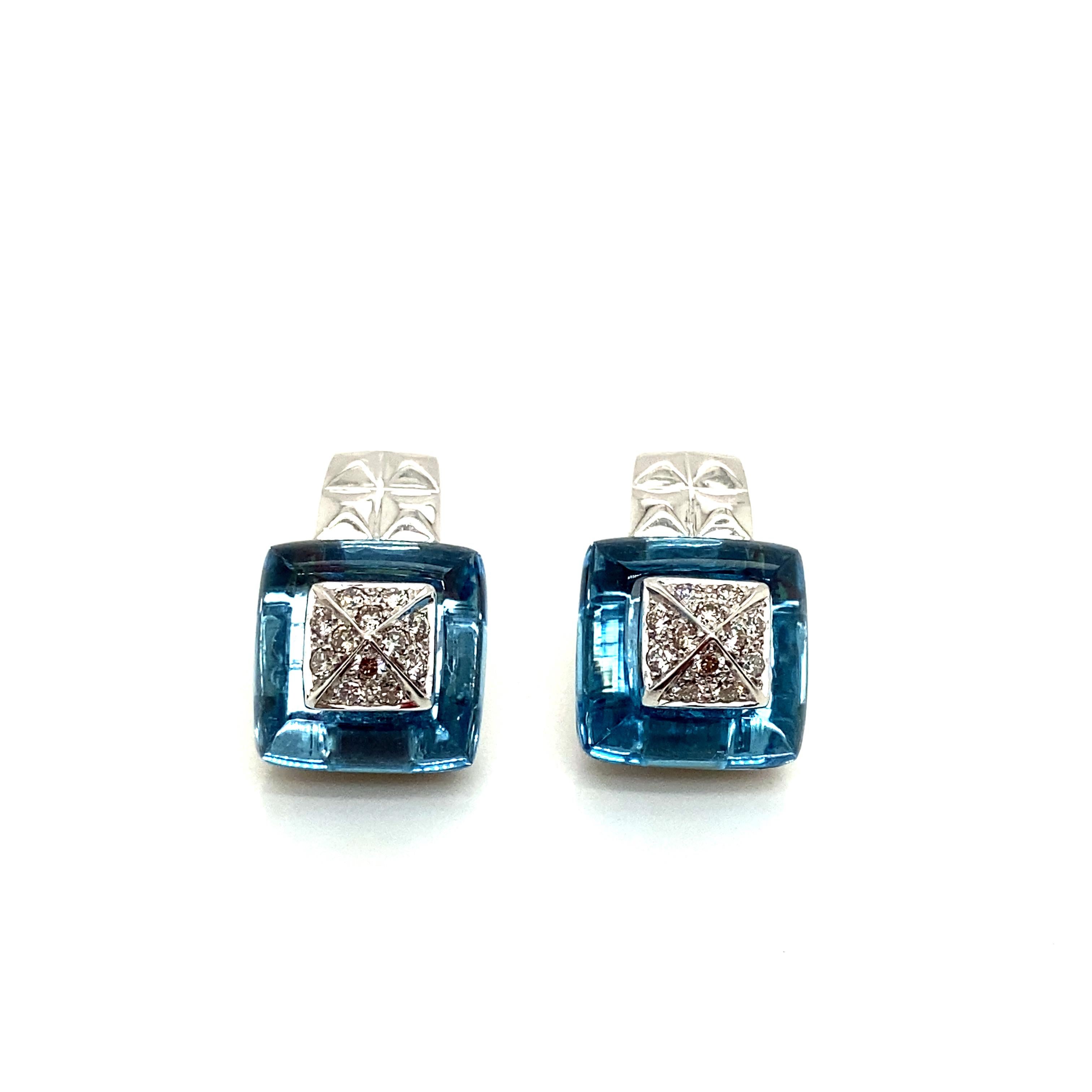 16.95 Carat Blue Topaz and White Diamond Gold Earrings:

A beautiful pair of earrings, it features two fancy-cut sugarloaf-shaped blue topaz weighing 16.95 carat with a cluster of white round brilliant-cut diamonds in the centre of each weighing a