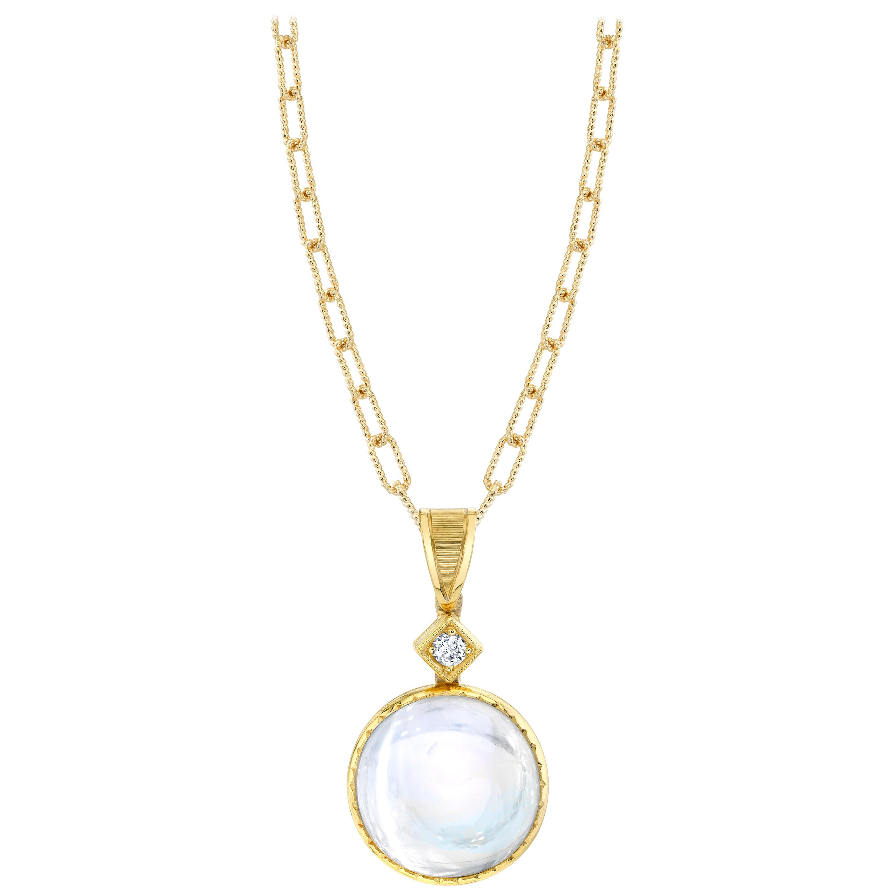 16.95 ct. Round Moonstone, Diamond, Yellow Gold Pendant Necklace with Chain