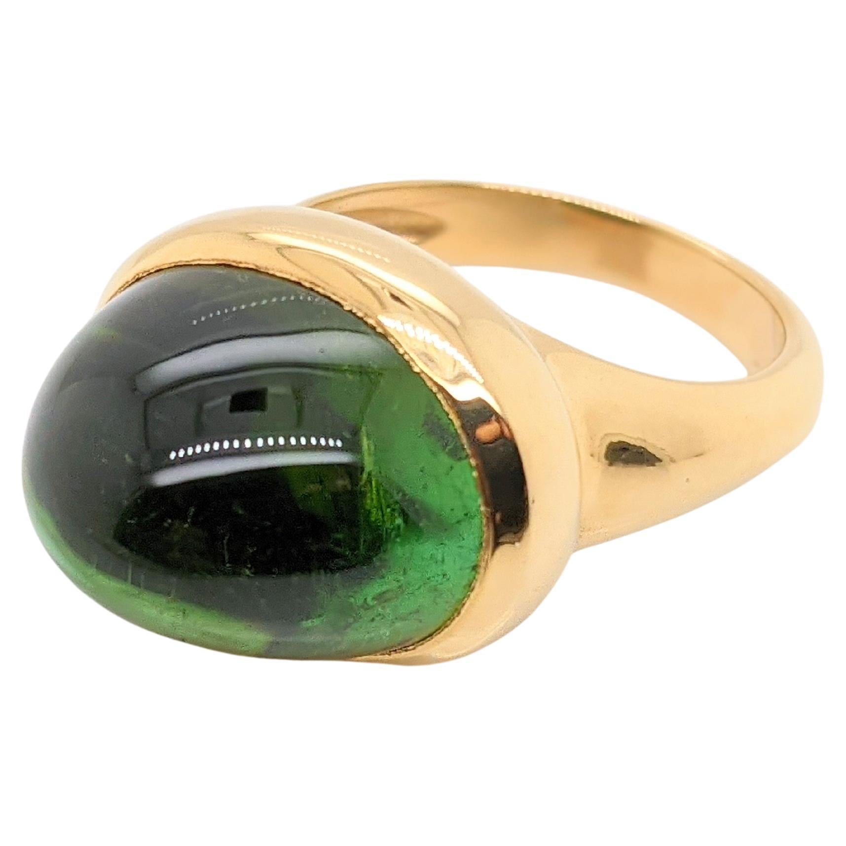 Bague en or jaune 18k de 16,95 carats en Tourmaline verte ovale naturelle taillée en cabochon