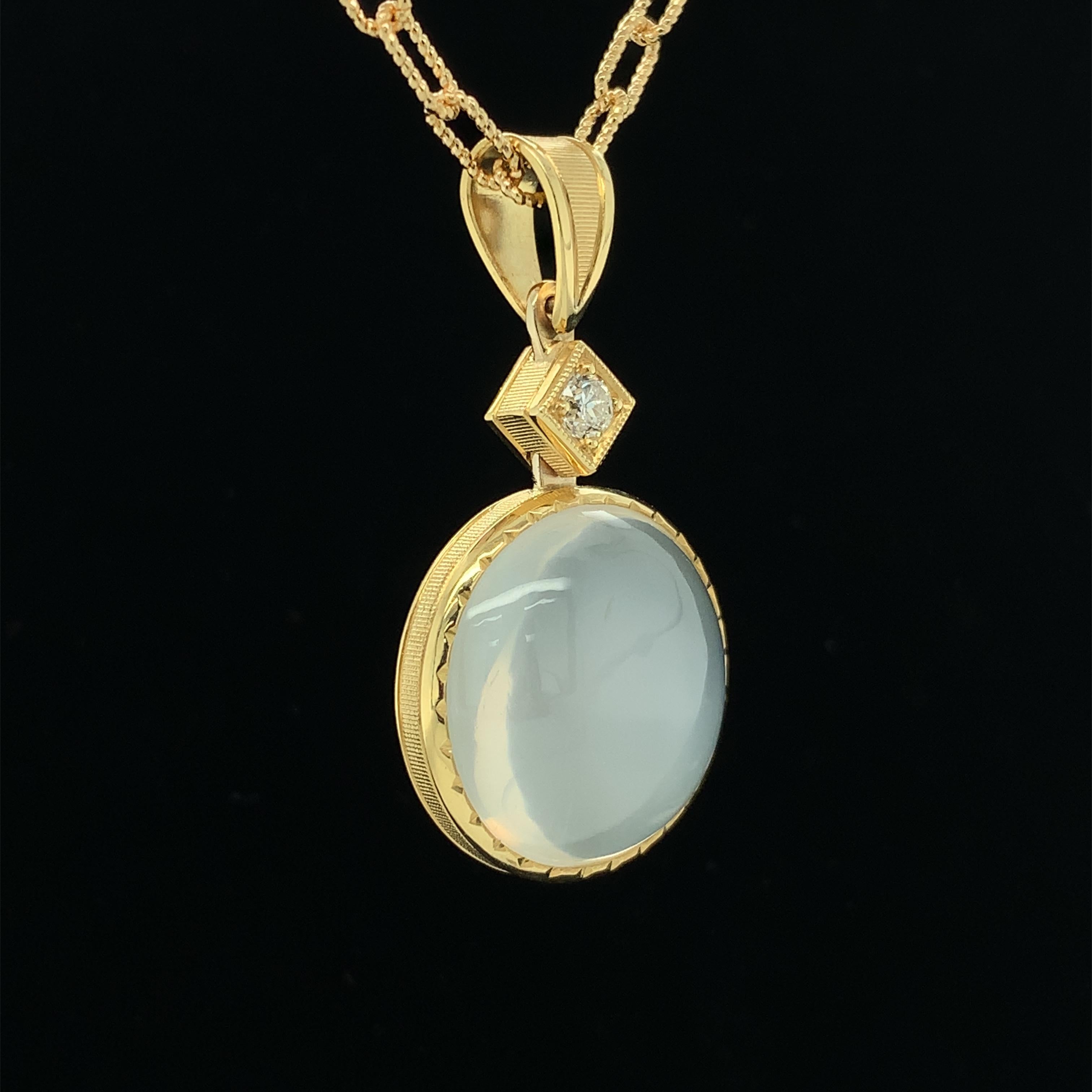 16.95 ct. Round Moonstone, Diamond, Yellow Gold Pendant Necklace with Chain 1