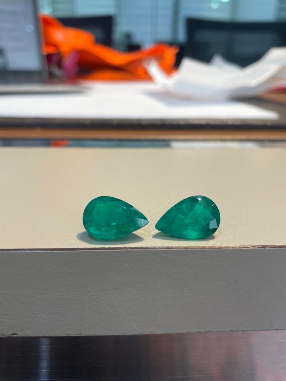 Cette paire exceptionnelle d'émeraudes colombiennes, d'un poids total remarquable de 16,96 carats, est l'exemple même des pierres précieuses de la plus haute qualité provenant des mines colombiennes de renommée mondiale. Ces magnifiques émeraudes en