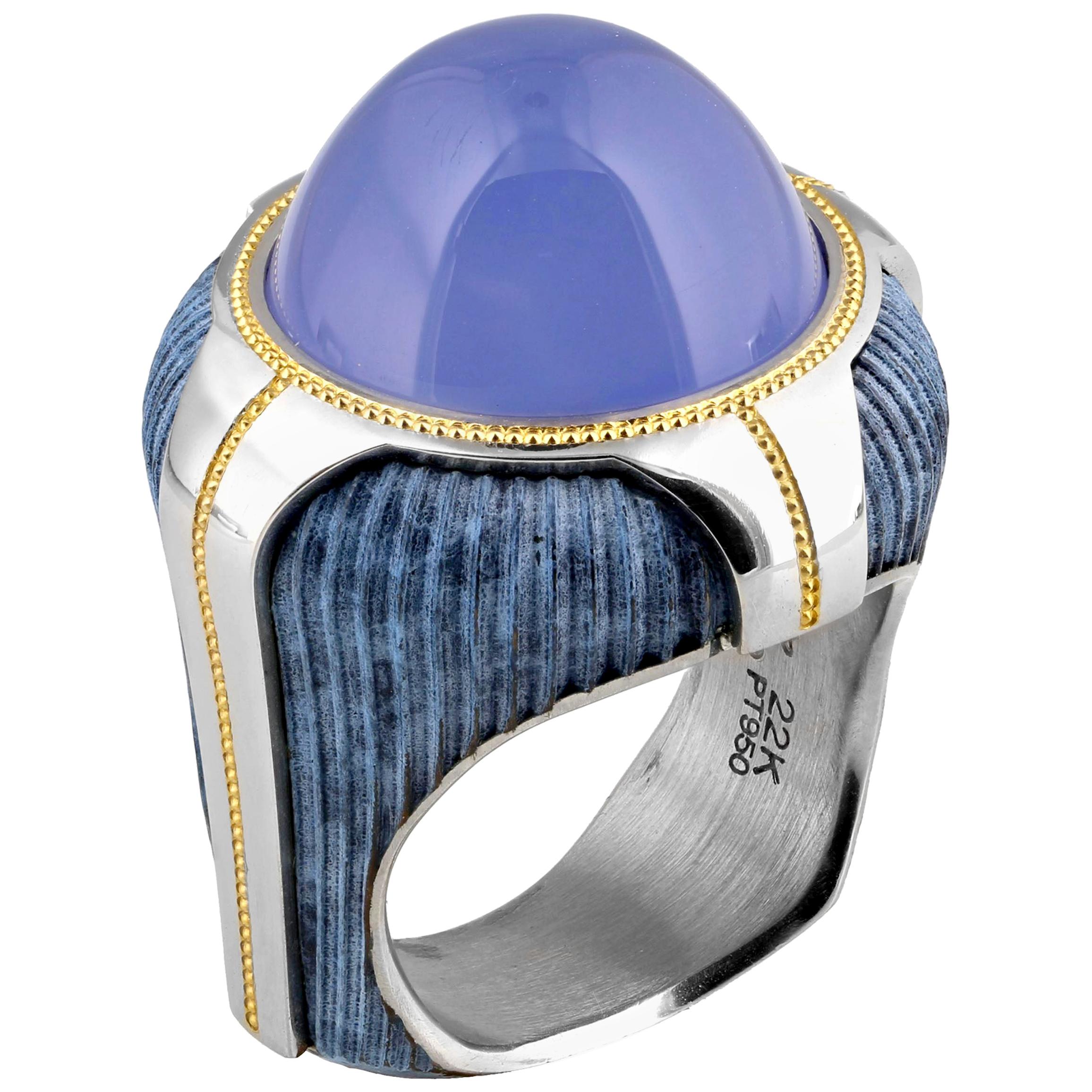 16.96 Carat Chalcedony Geometric Ring in Bronze and Platinum by Zoltan David For Sale
