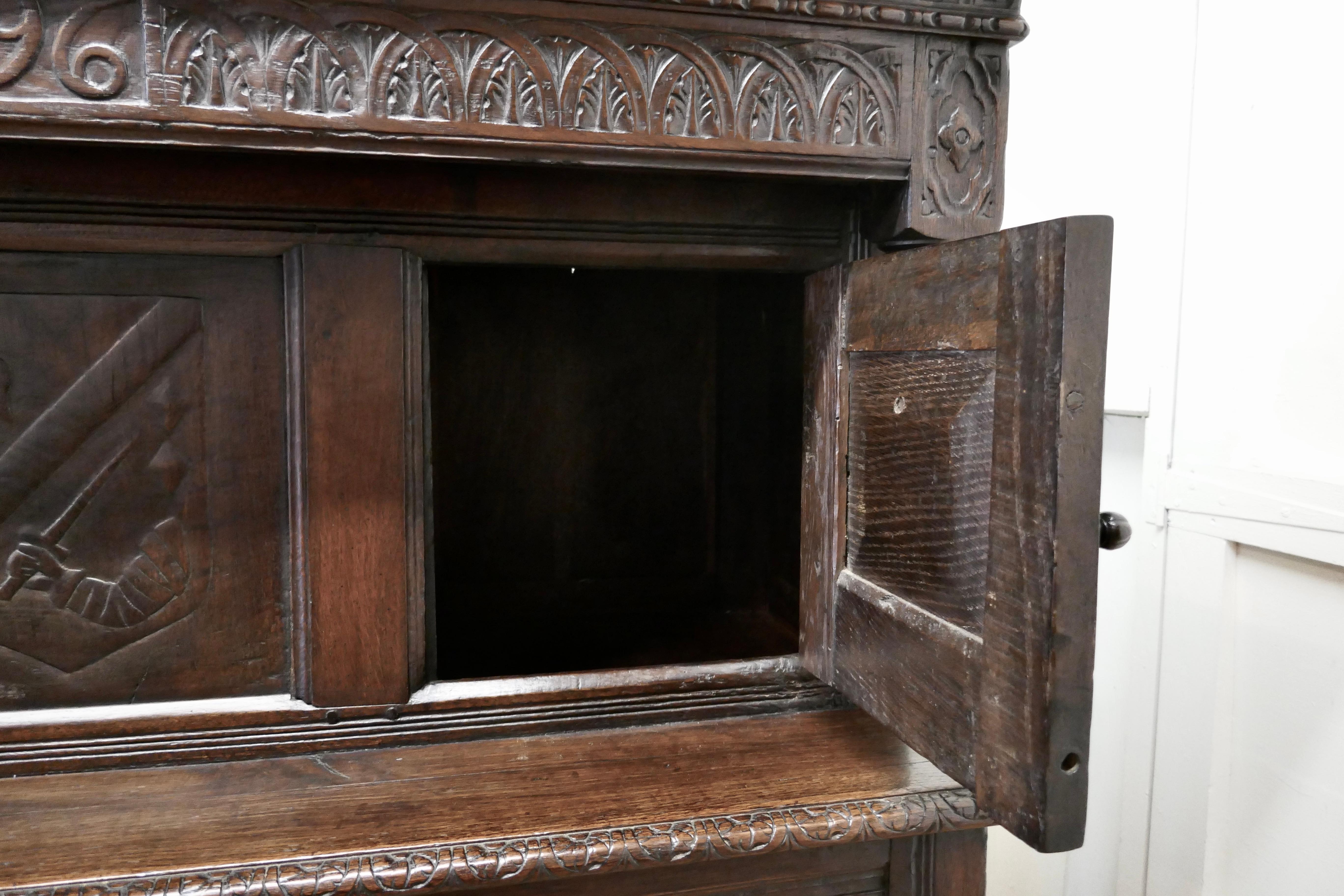 1696 French Carved Oak Court Cupboard, Cottage size Livery Cupboard     For Sale 7