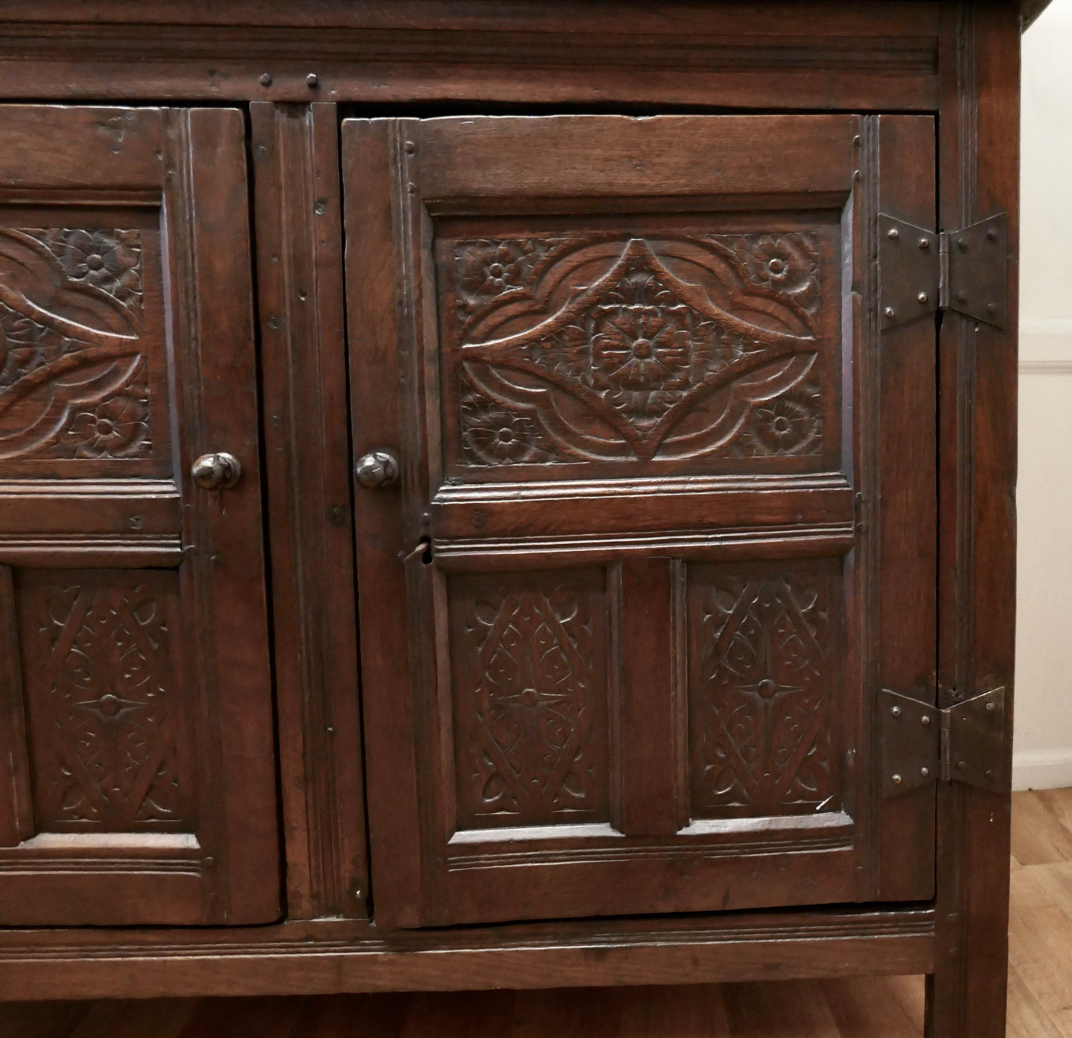1696 French Carved Oak Court Cupboard, Cottage size Livery Cupboard     For Sale 8