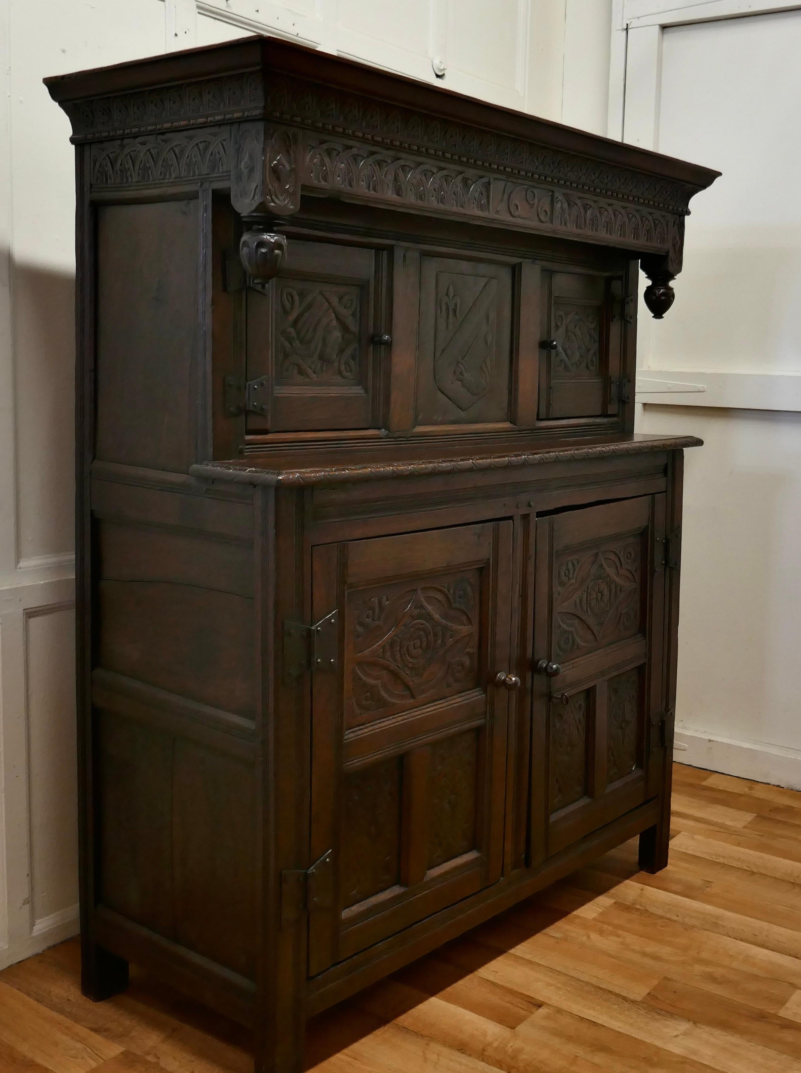 1696 French Carved Oak Court Cupboard, Cottage size Livery Cupboard     For Sale 11