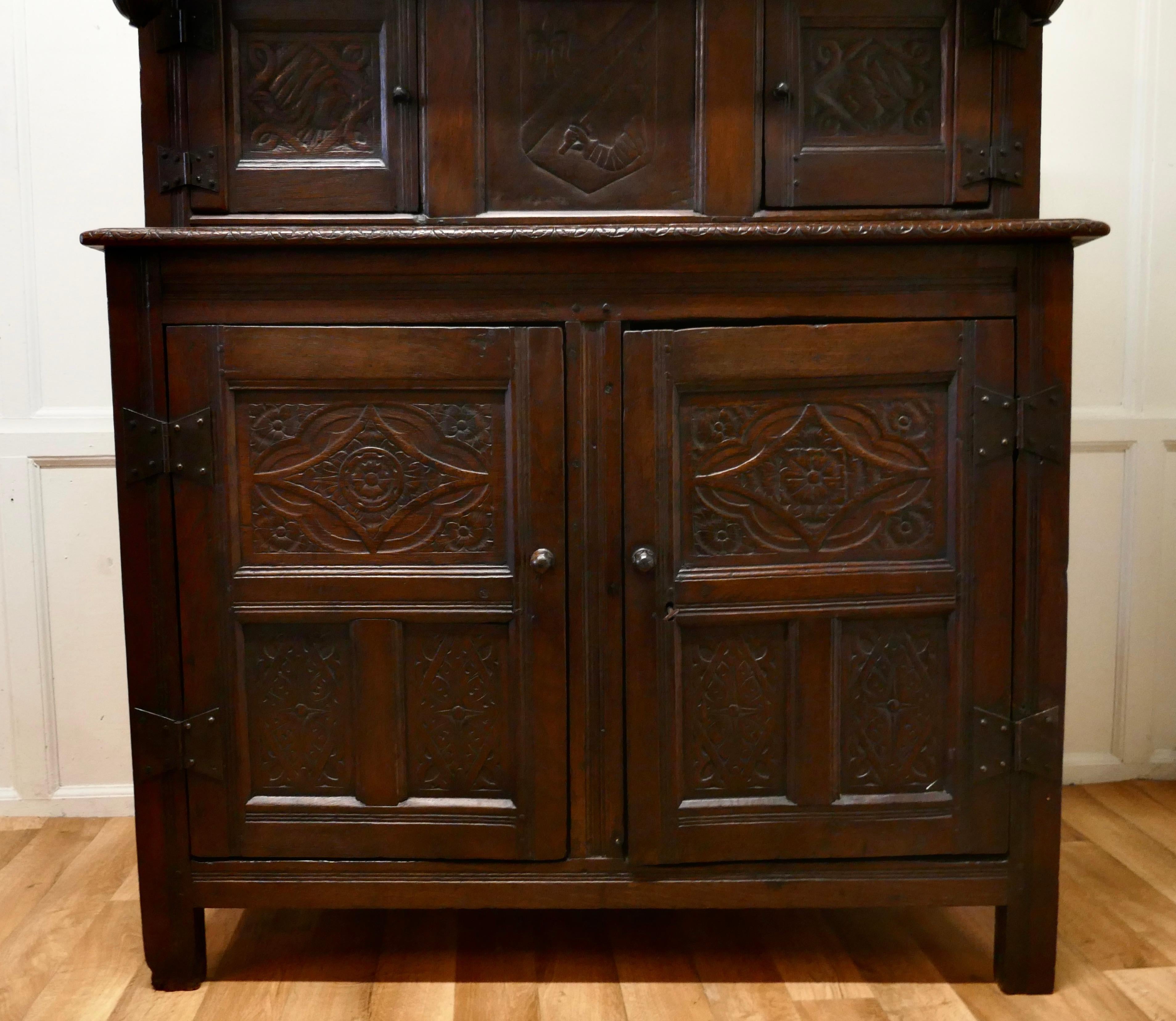 18th Century and Earlier 1696 French Carved Oak Court Cupboard, Cottage size Livery Cupboard     For Sale