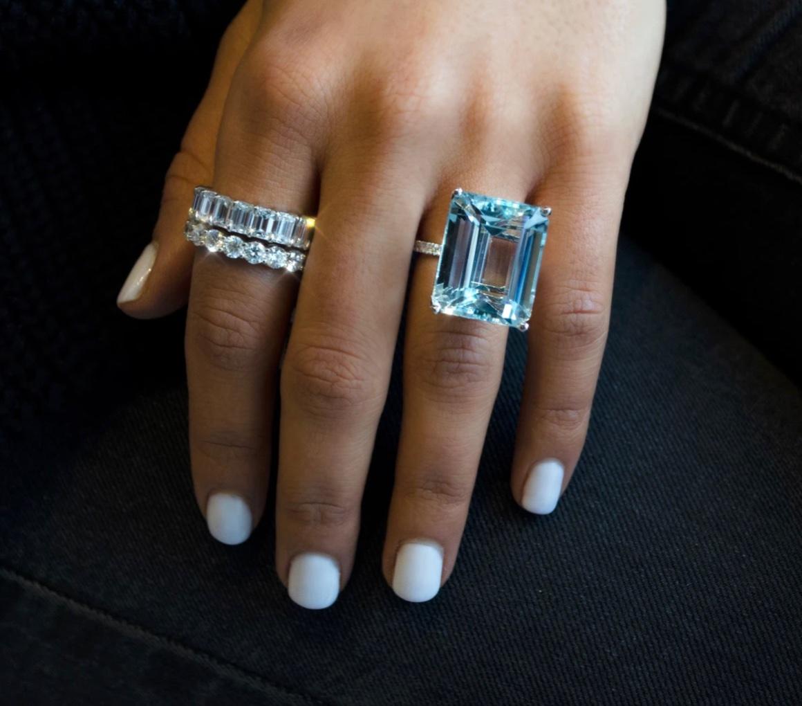 Aquamarine & Diamond Ring 
18kt White Gold 
1 Aquamarine= 16.96ct 
107 Round Brilliant Diamonds= 1.38ct 
