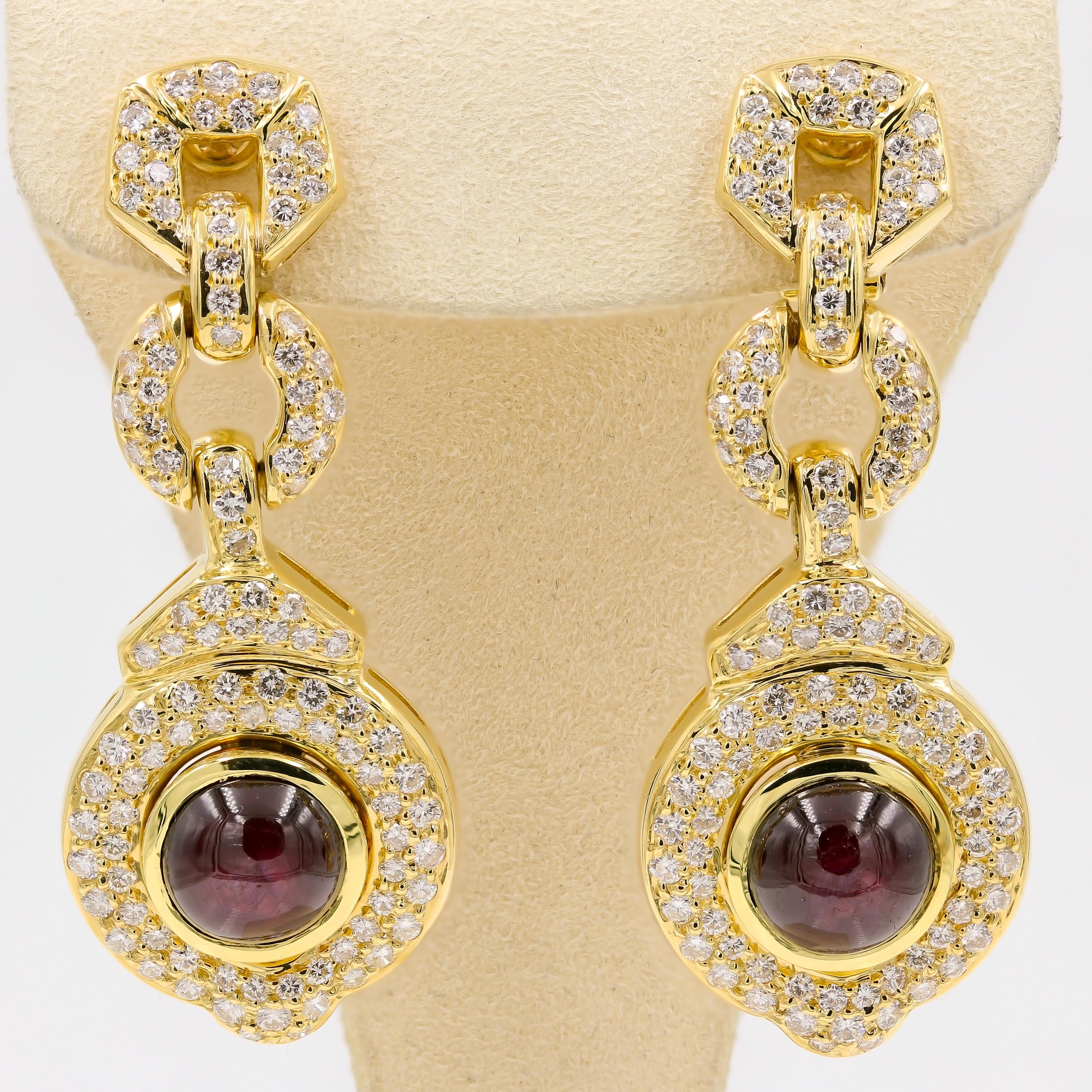 Contemporary 16.97 Carat Cabochon Cut Star Ruby and Diamond Earrings in 18 Karat Yellow Gold For Sale