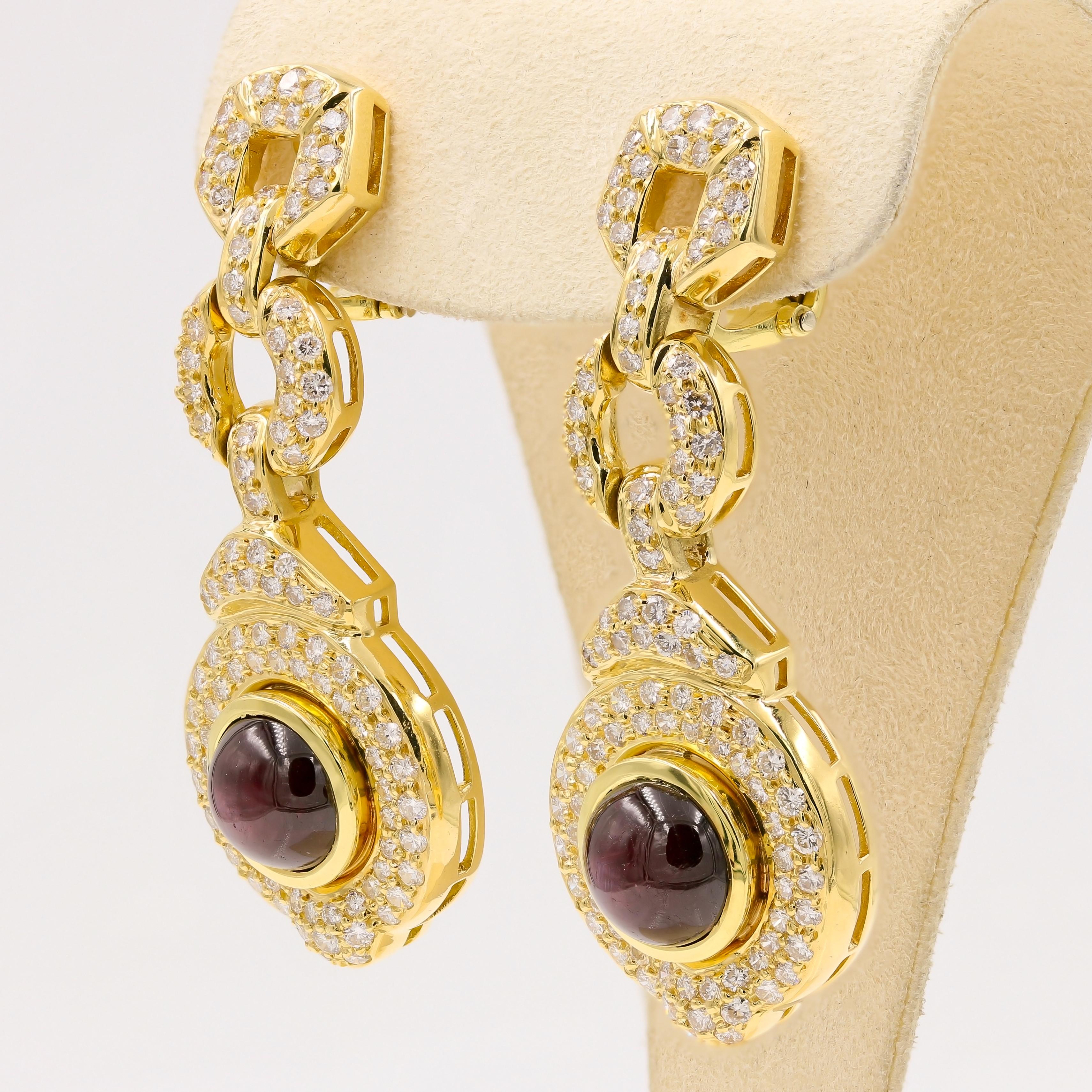 16.97 Carat Cabochon Cut Star Ruby and Diamond Earrings in 18 Karat Yellow Gold In New Condition For Sale In Chicago, IL