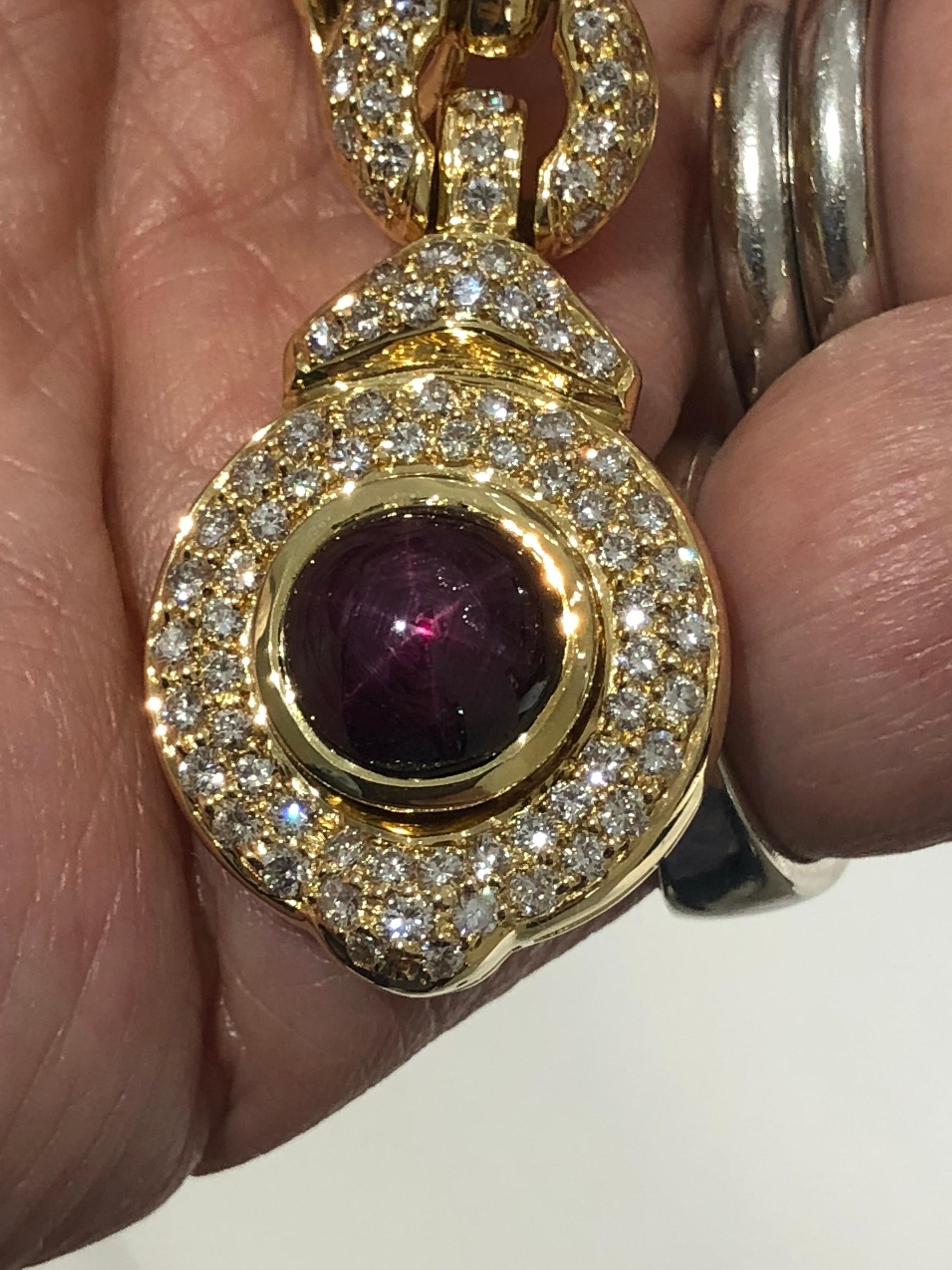 16.97 Carat Cabochon Cut Star Ruby and Diamond Earrings in 18 Karat Yellow Gold For Sale 1