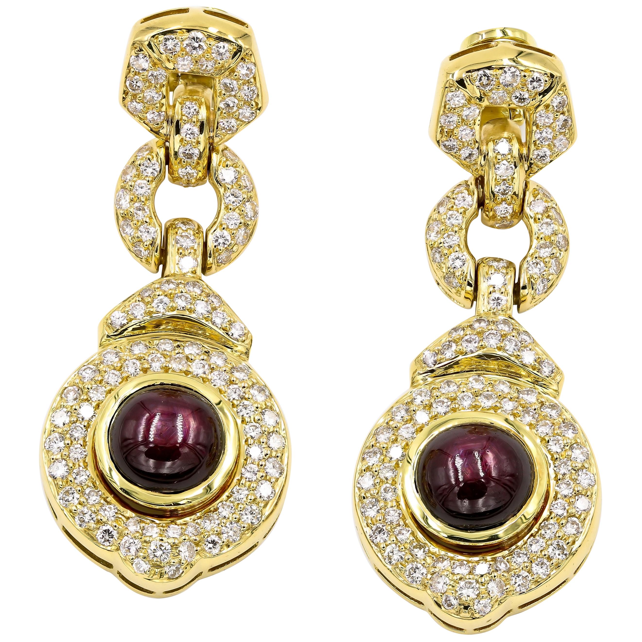 16.97 Carat Cabochon Cut Star Ruby and Diamond Earrings in 18 Karat Yellow Gold For Sale