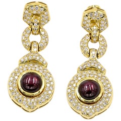 Vintage 16.97 Carat Cabochon Cut Star Ruby and Diamond Earrings in 18 Karat Yellow Gold