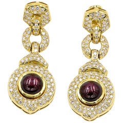 16.97 Carat Cabochon Cut Star Ruby and Diamond Earrings in 18 Karat Yellow Gold