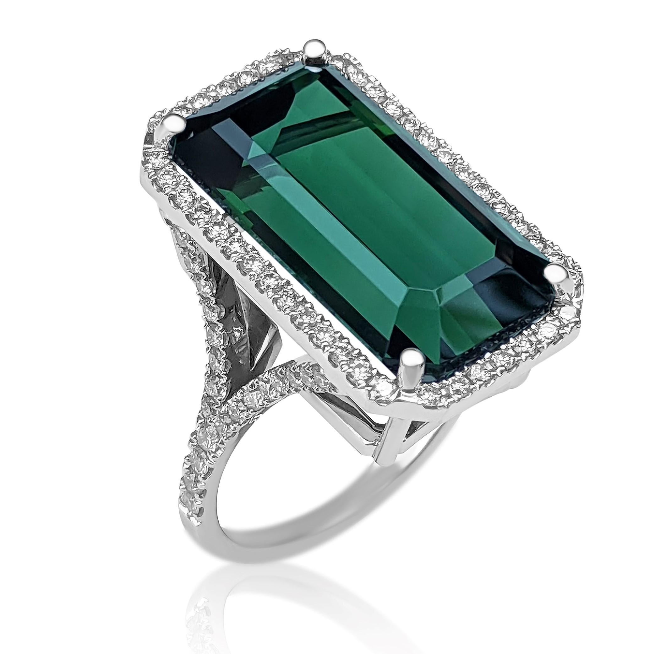 Emerald Cut 16.97 Carat Natural Tourmaline and 1.00 Ct Diamonds, 18 Kt. White Gold, Ring