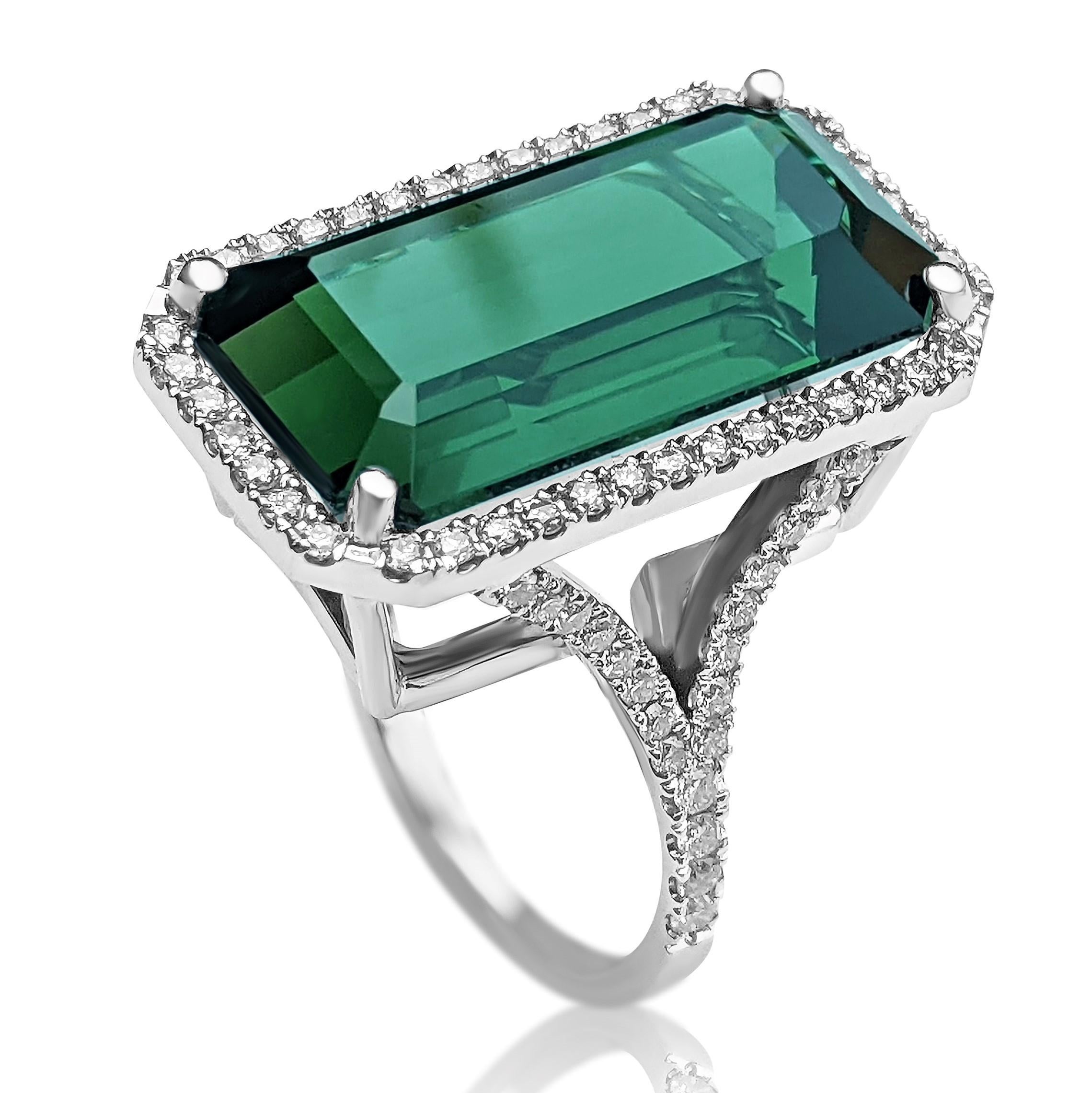 16.97 Carat Natural Tourmaline and 1.00 Ct Diamonds, 18 Kt. White Gold, Ring 1