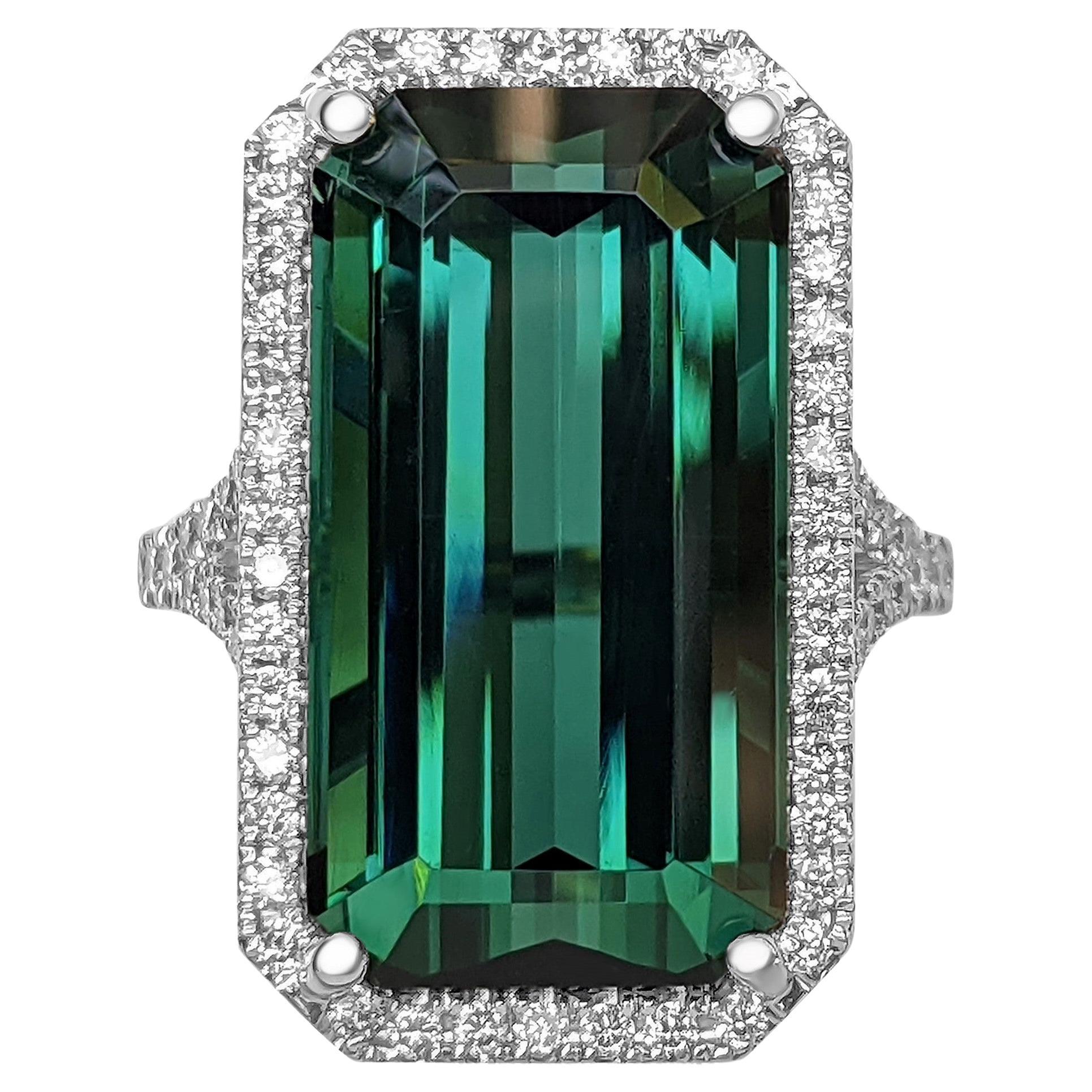 16.97 Carat Natural Tourmaline and 1.00 Ct Diamonds, 18 Kt. White Gold, Ring