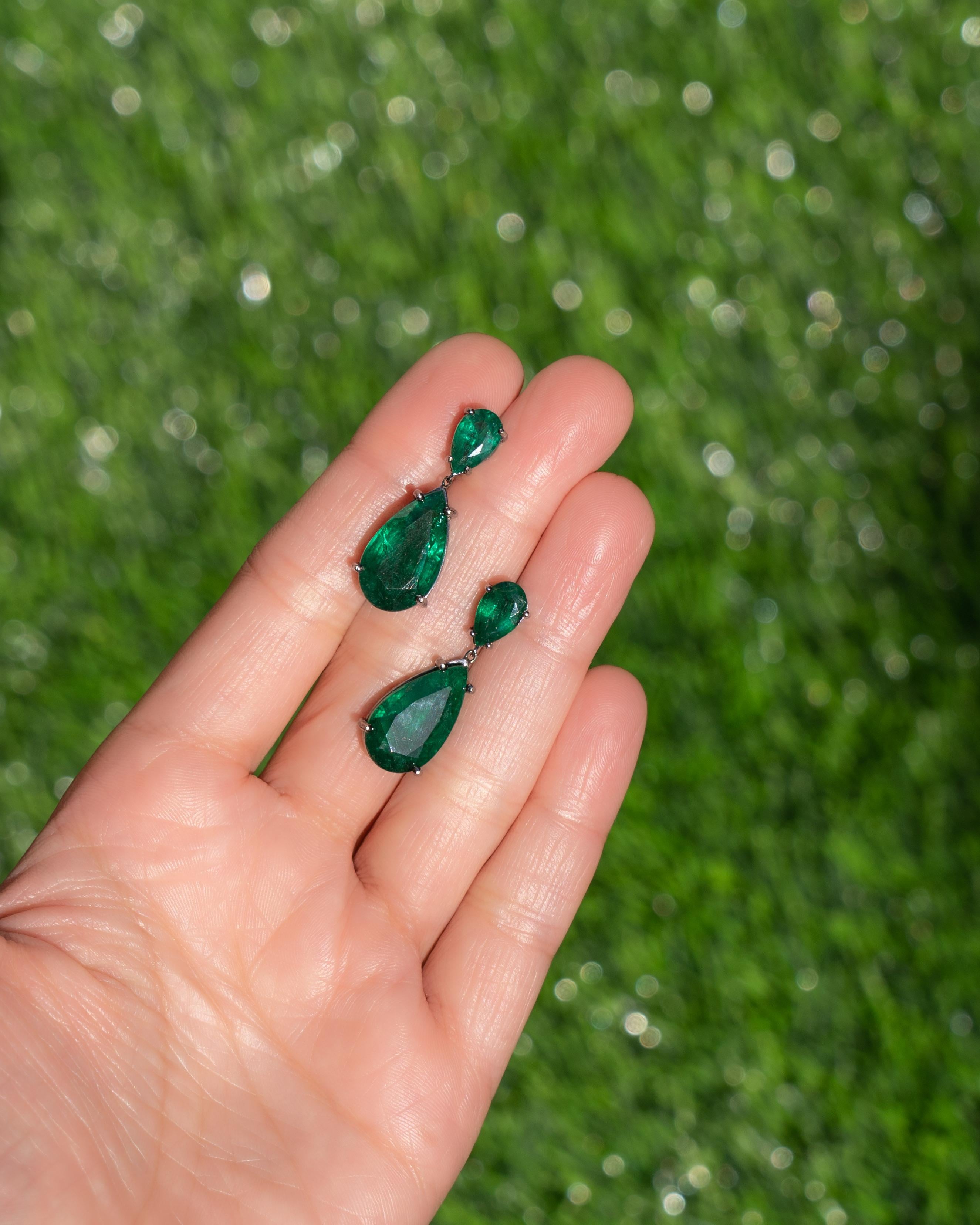 Modern 16.98 Carat Pear Shape Emerald Earrings For Sale