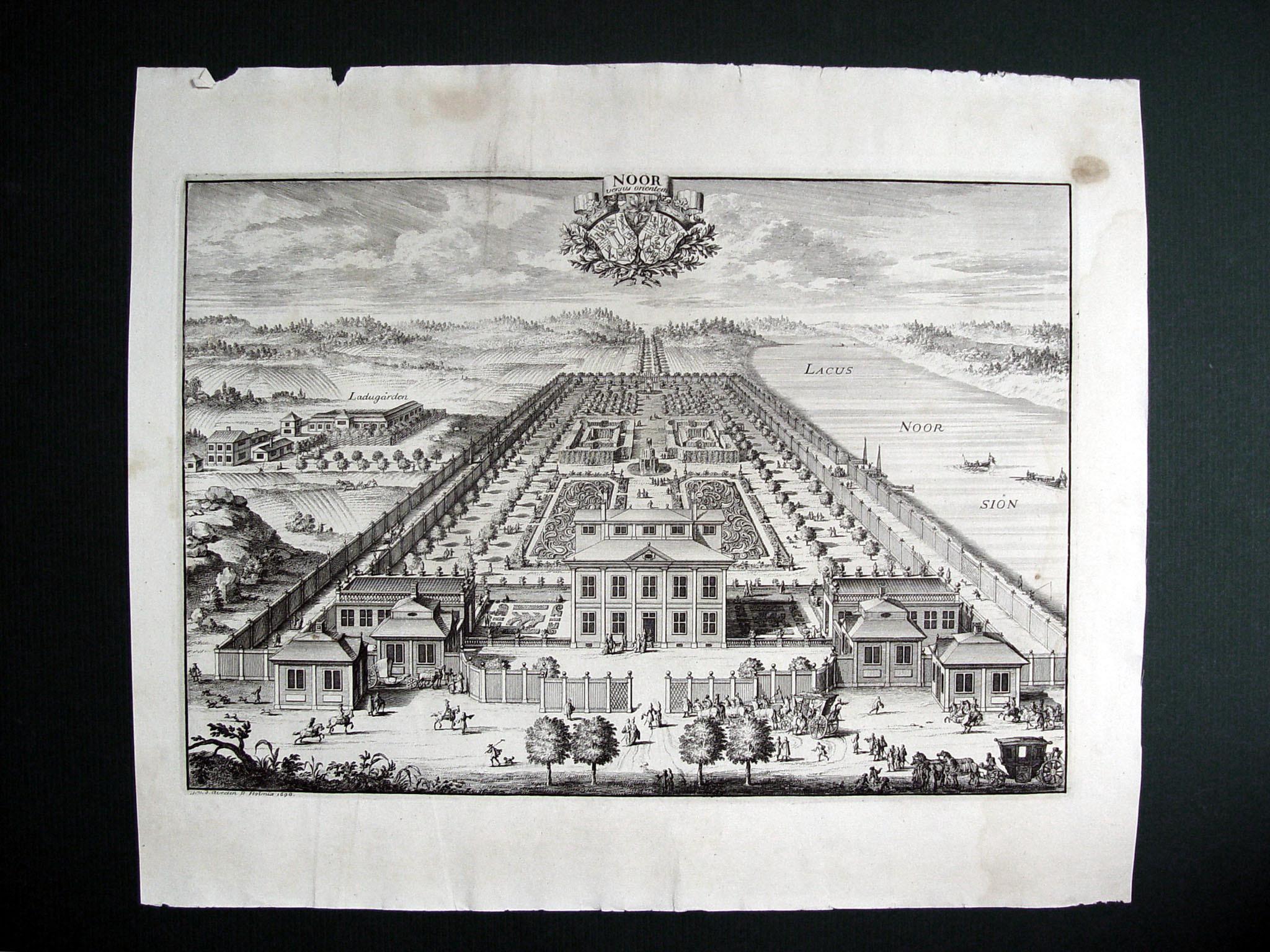 Bird's-eye view engraving of Noor estate and gardens by Johannes van den Aveelen, 1698. From a large series of engravings collected by Erik Dahlberg of Swedish estates. Unframed. Age toning, few small edge losses and tears, few margin spots. We have