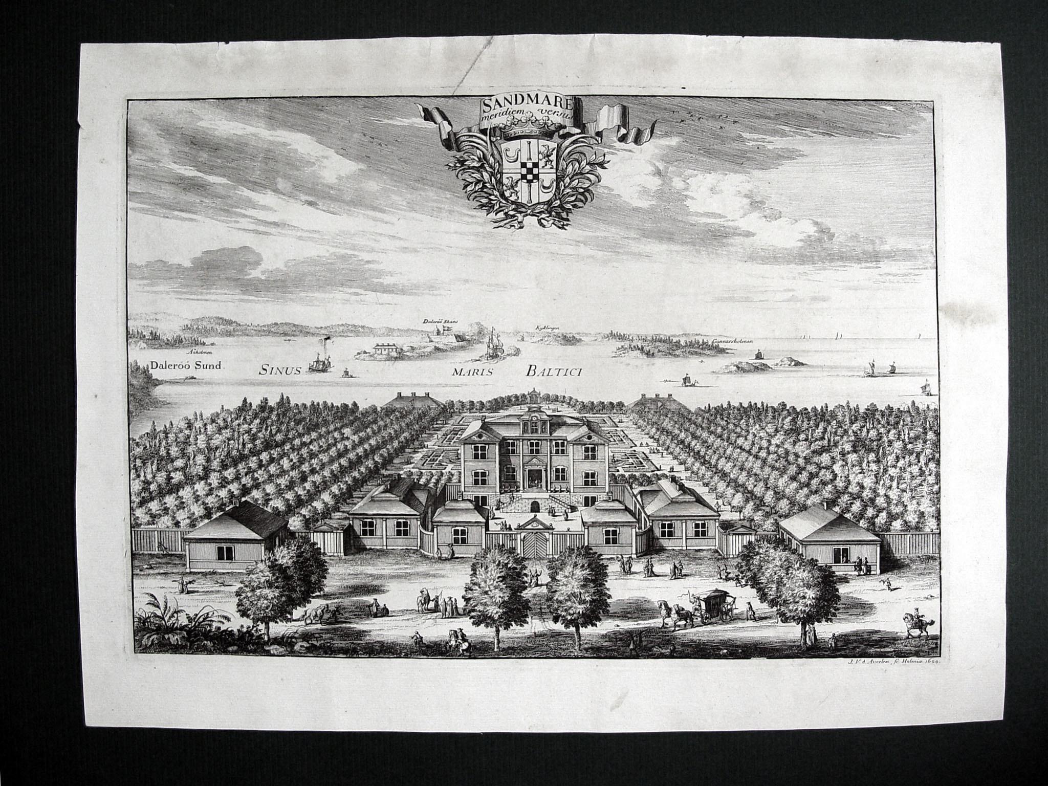 Bird's-eye view engraving of Sandmare Castle and gardens by Johannes van den Aveelen, 1699. Viewed looking toward the Baltic Sea, from a large series of engravings collected by Erik Dahlberg of Swedish estates. Unframed. Age toning, edge wear. We
