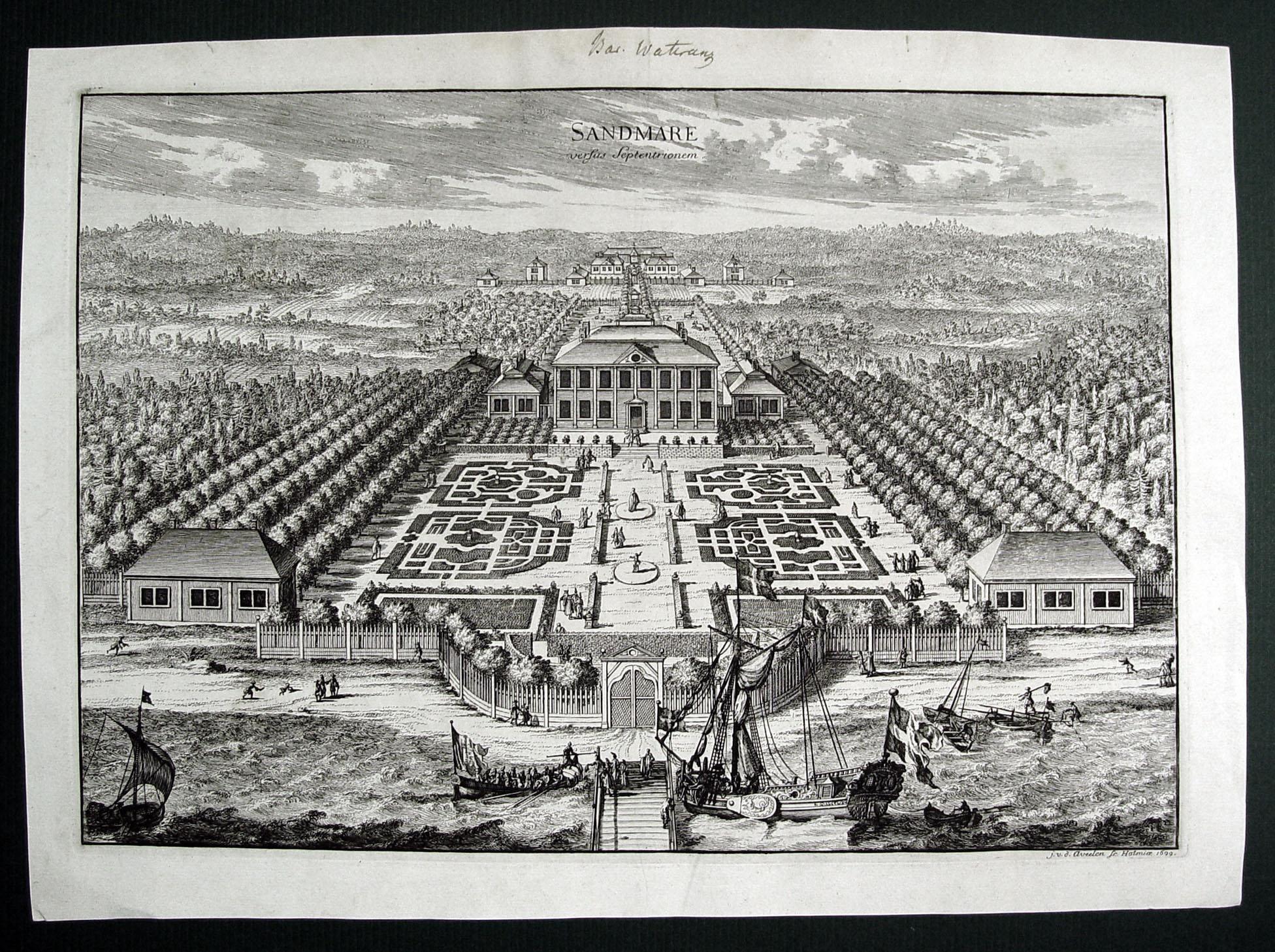 Bird's-eye view engraving of Sandmare Castle and gardens by Johannes van den Aveelen, 1699. Viewed looking from the Baltic Sea harbor, from a large series of engravings collected by Erik Dahlberg of Swedish estates. Unframed. Age toning, ink name