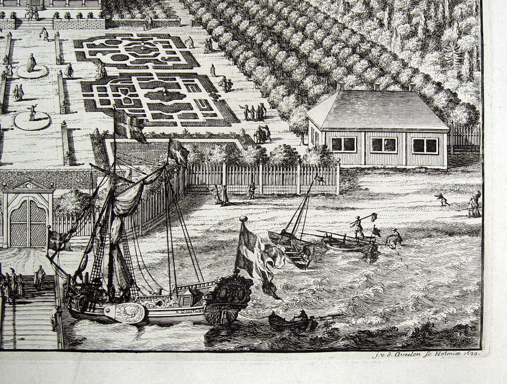 1699 Swedish Baroque Sandmare Estate & Harbor Engraving In Good Condition In Seguin, TX